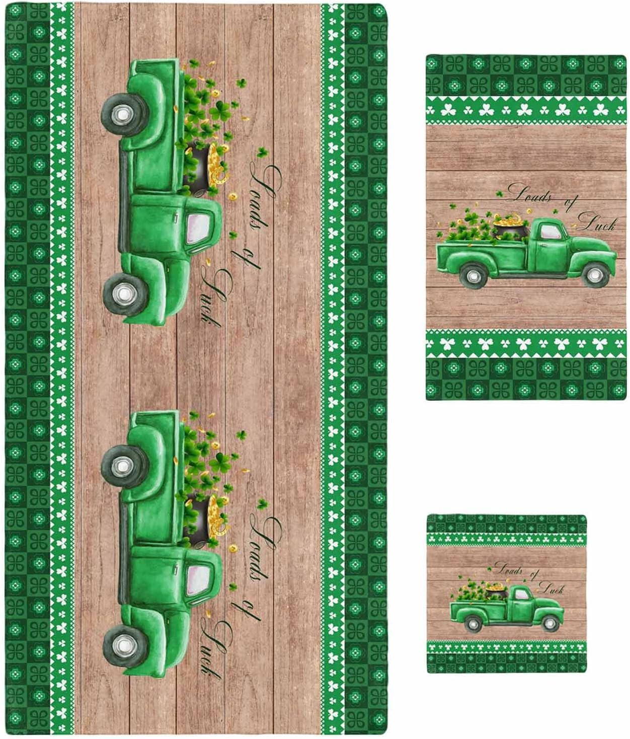 Saint Patrick's Day Bath Towels Set of 3 for Bathroom,Soft Absorbent Shower Beach Hand Face Hair Yoga Workout Gym Towel Dish Wahcloth,Luck Leaves Car Brown Wooden Plaid Quick Dry Bath Towels+Set