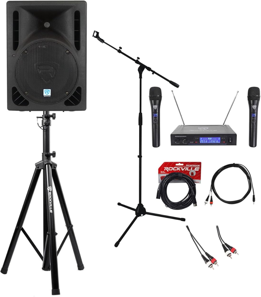 Rockville RPG10BT V2 Pro YouTube Karaoke Bundle: 10 in 600W Bluetooth PA Speaker, Mic & Speaker Stand, Dual Wireless Mics, RCA/TRS Cables for iPad, iPhone, Android, Laptop, TV, 7-Items