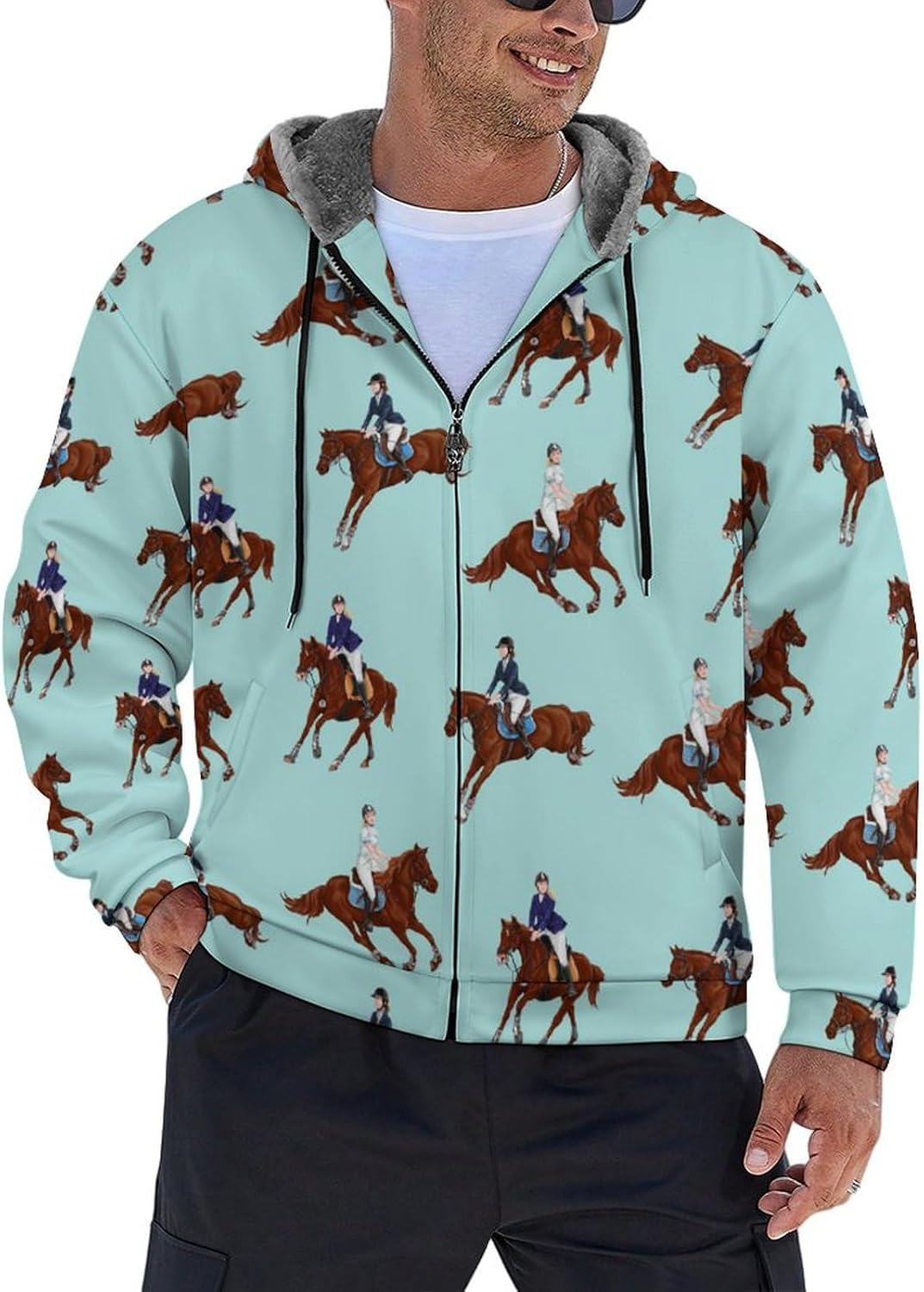 Horse Racing Funny Hooded Coat Fleece Lining Sweatshirt Zip Up Jacket Warm Hoodie for Men