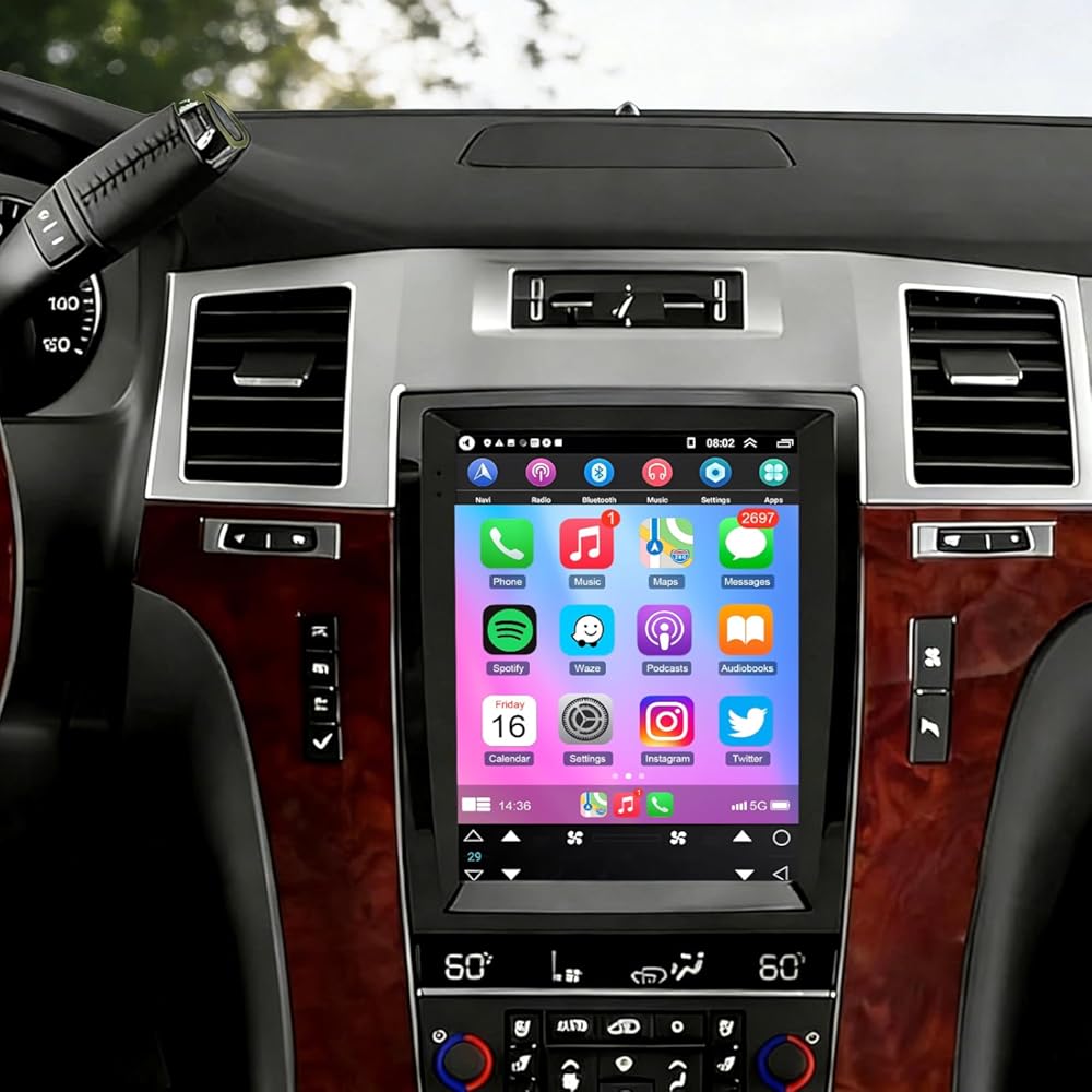 Car Stereo Radio Compatible for Cadillac Escalade 2007-2012 with Carplay Android Auto GPS Navigation 9.7in Touchscreen Car Radio Player with Bluetooth SWC Mirror Link Split Screen + Backup Camera