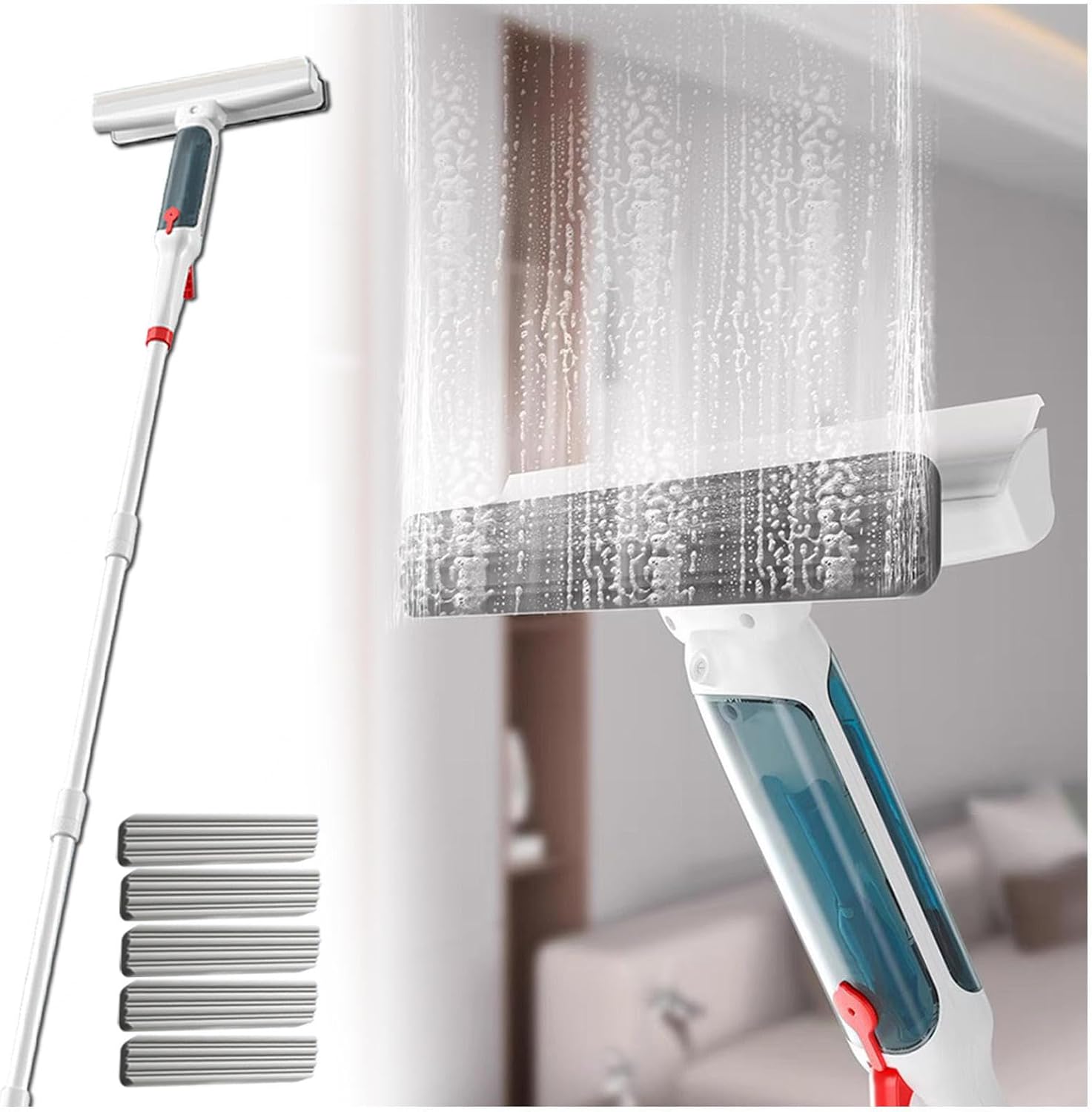 75'' Spray Window Squeegee for Home with 4-Section Extension Pole, 4 in 1 Window Cleaning Kit Glass Squeegee with Sewage Collector and 5 Pads