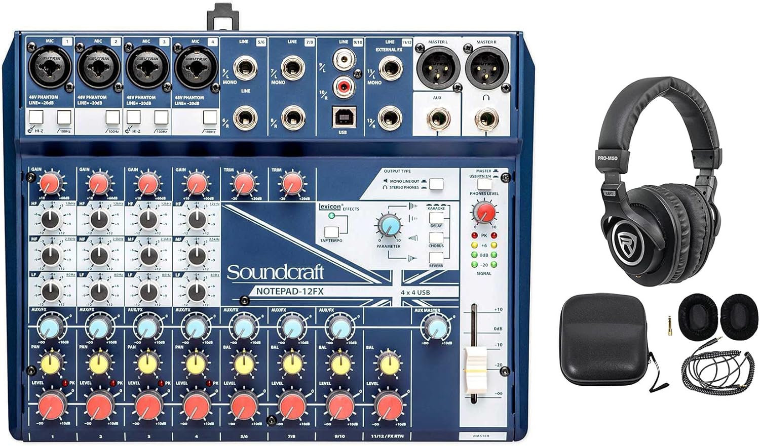 Soundcraft Notepad-12FX 12-Channel Mixer w/ 4x4 USB Interface with Lexicon Effects Bundle with Rockville PRO-M50 Studio Headphones w/Detachable Coil Cable, Case with Extra Ear Pad