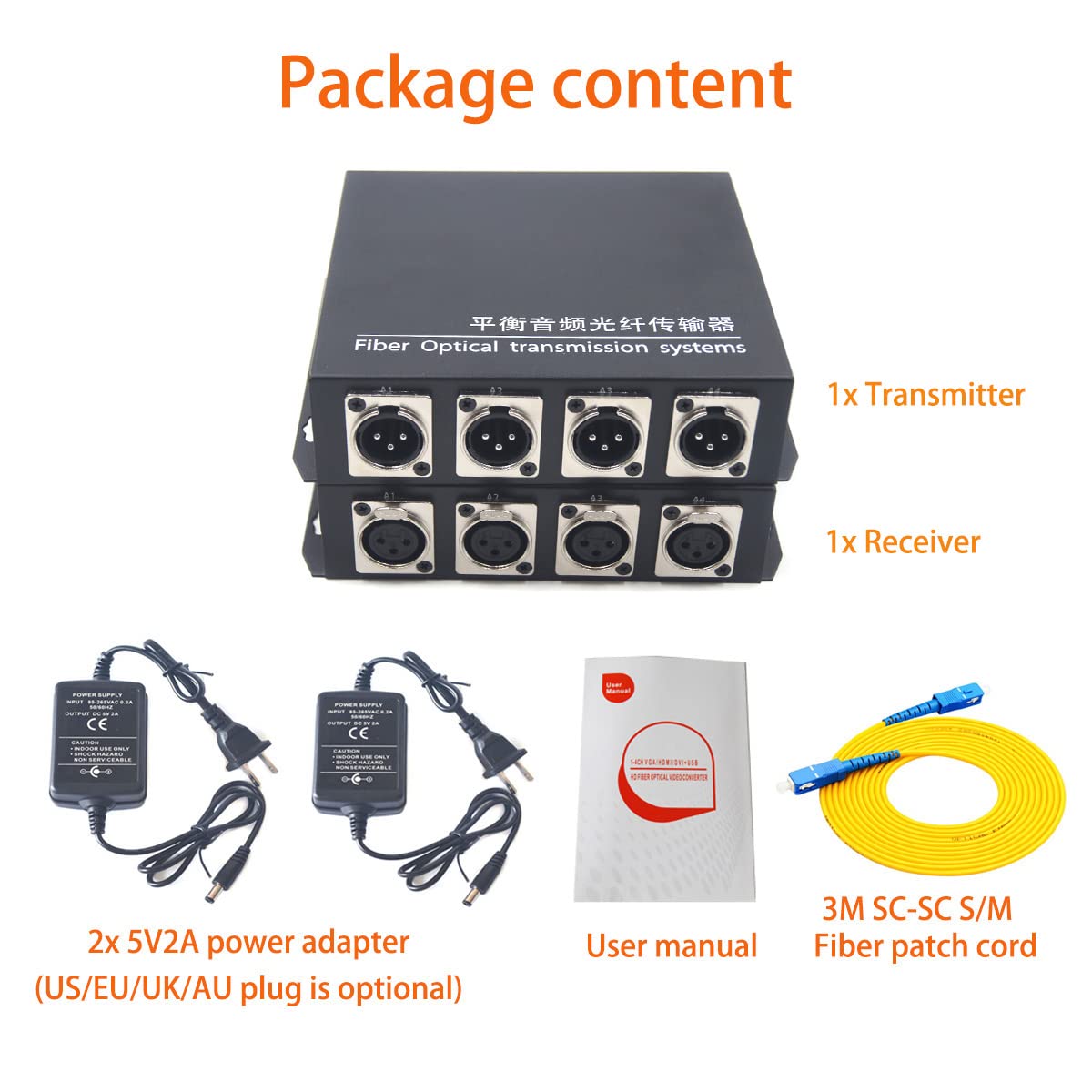 4 x 3Pin XLR Balanced Audio Over Fiber Optic Extenders | Broadcast Quality | Optical SC Fiber Converters, Single Mode 20Km(12.4mi) and Multimode 500m (0.31Mi)- 1 TX and 1 RX Kit