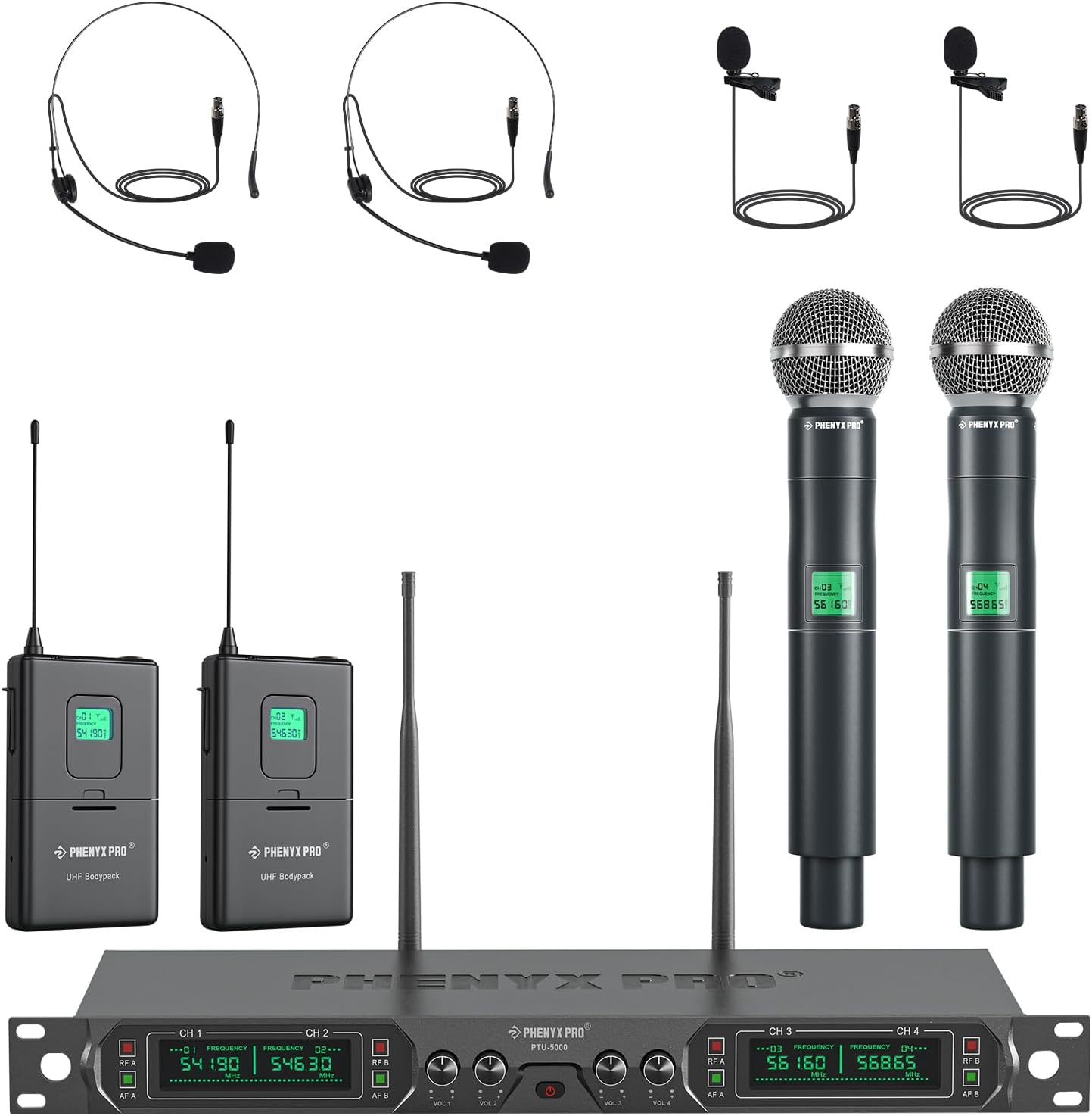 Phenyx Pro Wireless Microphone System, 4-Channel UHF Wireless Mic Set with Handheld/Bodypack/Headset/Lapel Mics, Fixed Frequency Metal Cordless Microphone for Church,Singing,DJ(PTU-5000-2H2B)