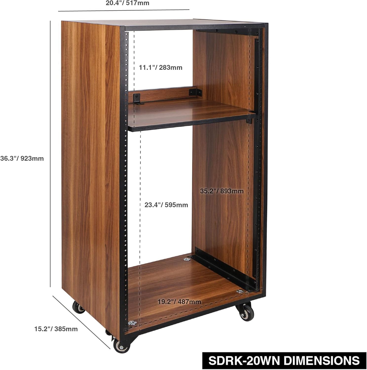 Sound Town DIY 20U Studio Rack with Furniture Grade Walnut Laminate, Rubber Feet, Casters (SDRK-20WN)