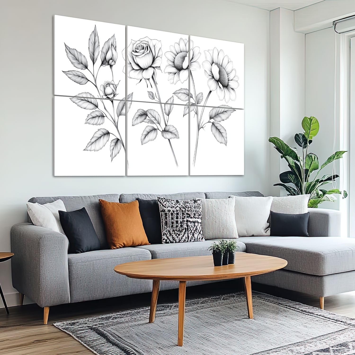 6 Pack Art Acoustic Panels Sound Absorbing Daisies Navy Flower Sunflower Leaves Stem Petals Black drawn Decorative Soundproof Wall Panels Self Adhesive for Recording Studios Office 72