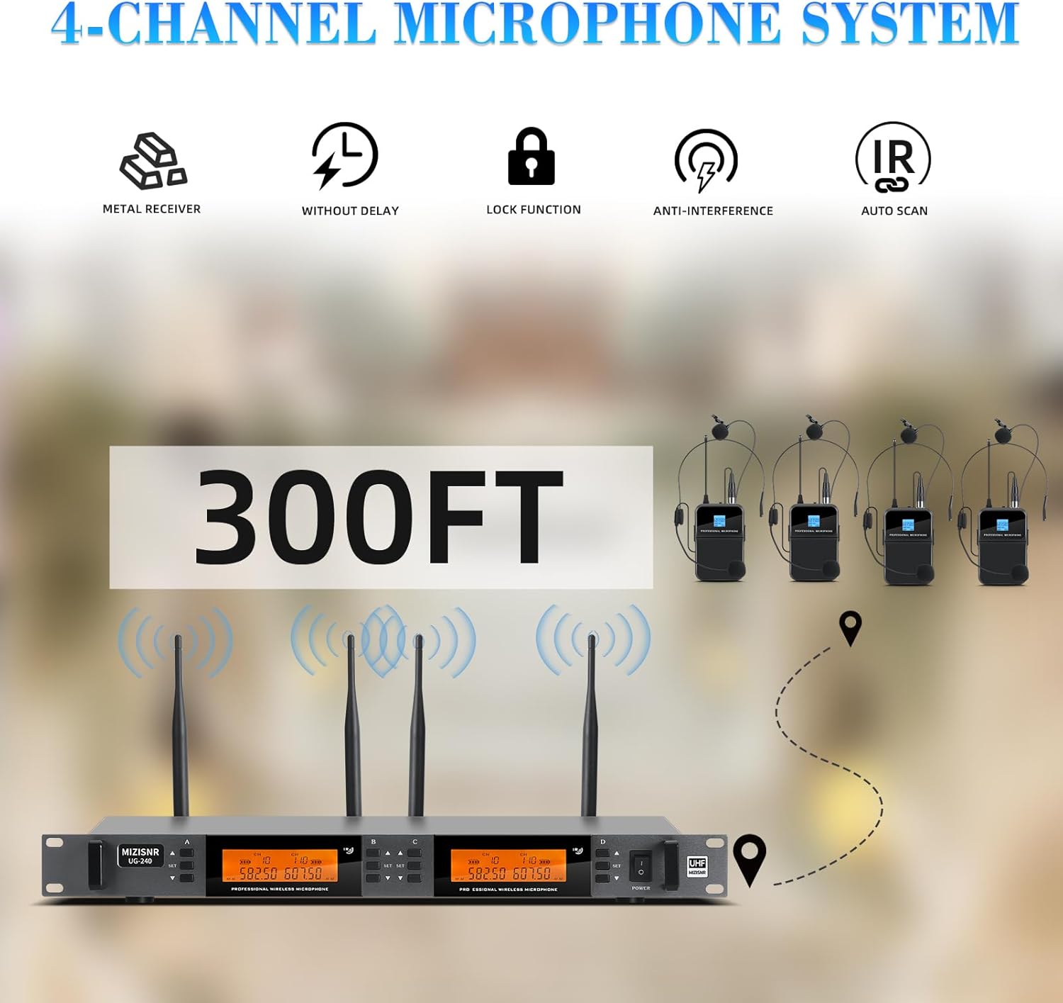 4 Channel Wireless Lapel Microphone System, UHF Metal Receiver Headset Lavalier Mics Set with 4x100 Adjustable Frequency 300ft Range for Church Karaoke Meeting Preaching(4 Bodypack, UG-240)