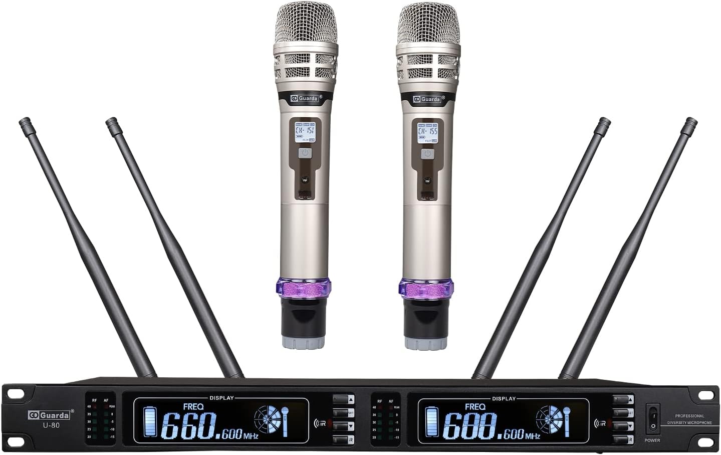 Wireless Microphone System, Guarda Audio 4 Antenna True Diversity Dual UHF Professional Cordless MIC Set, Ideal for DJ, Church, Outdoor Events, Up to Range 1000ft (U-80)