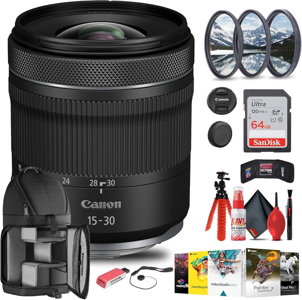 Canon RF 15-30mm f/4.5-6.3 is STM Lens with 64GB Extreme Pro Card + Corel Photo Software + Flexible Tripod + Filter kit + Card Wallet + Backpack + Cleaning Kit + Card Reader + Cap Keeper (Renewed)