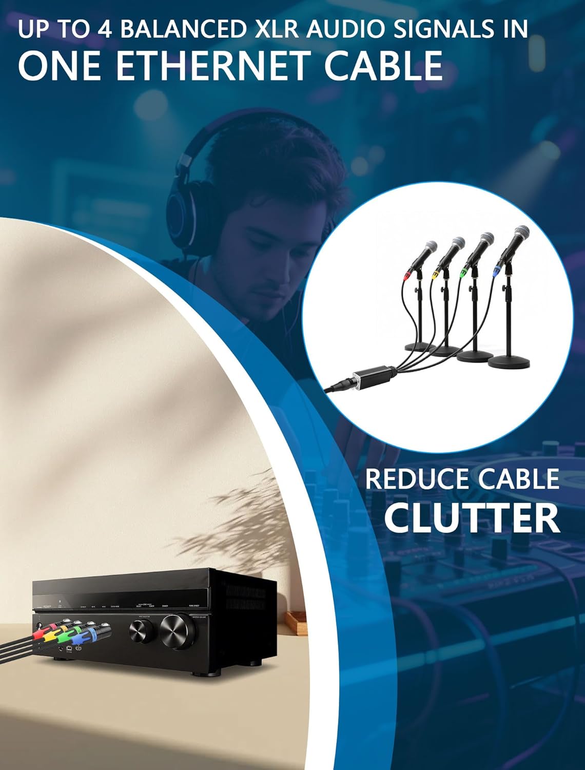 CERRXIAN 4 Channel Multi Snake 3Pin XLR to Ethercon-Compatible RJ45 Cat5/Cat6 Ethernet Breakout for ​Live Stage Audio, Sound, Lighting, Audio Recording Studio (1 Pair: Male&Female) - 2.6FT