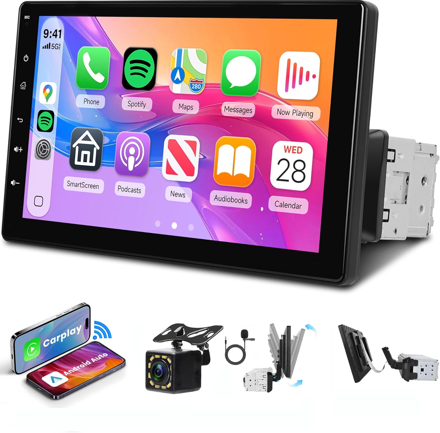 Rimoody 9‘’ Single Din Car Stereo Wireless CarPlay Android Auto Detachable Touchscreen, Car Radio with Bluetooth 5.0 Mirror Link FM/EQ USB/AUX/TF/SWC/MIC Car Audio Receiver Backup Camera