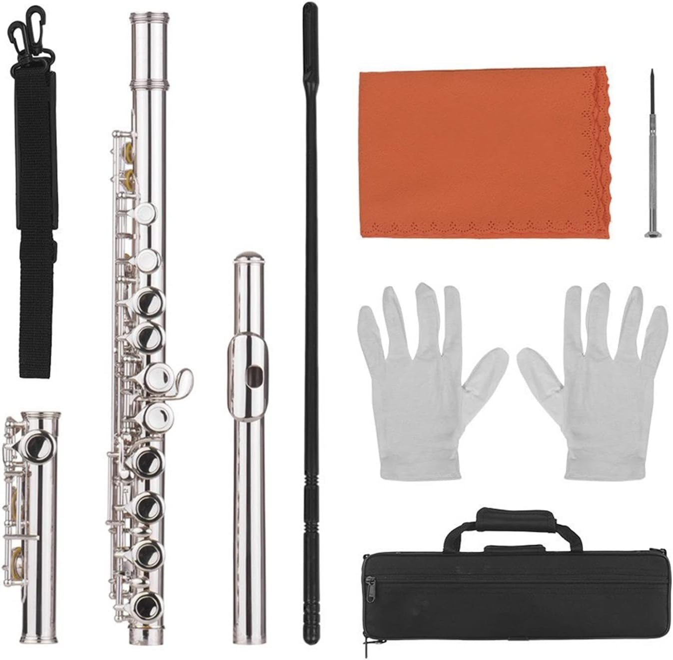 Flute Kit 16 Holes Concert Flute Closed Hole Flute C Key Flutes Cupronickel Woodwind Instrument with Cleaning Cloth Rod Gloves Intermediate Flute