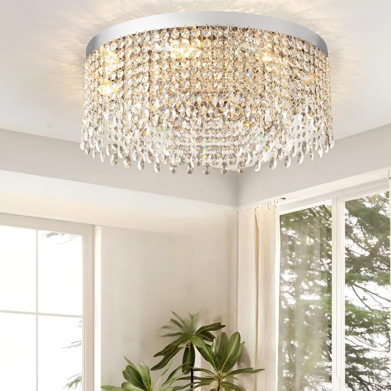 Modern Crystal Ceiling Light Chandelier 31.5in Raindrop Crystal Chandelier Large Flush Mount Light Fixtures for Living Room Dining Room Bedroom Chrome
