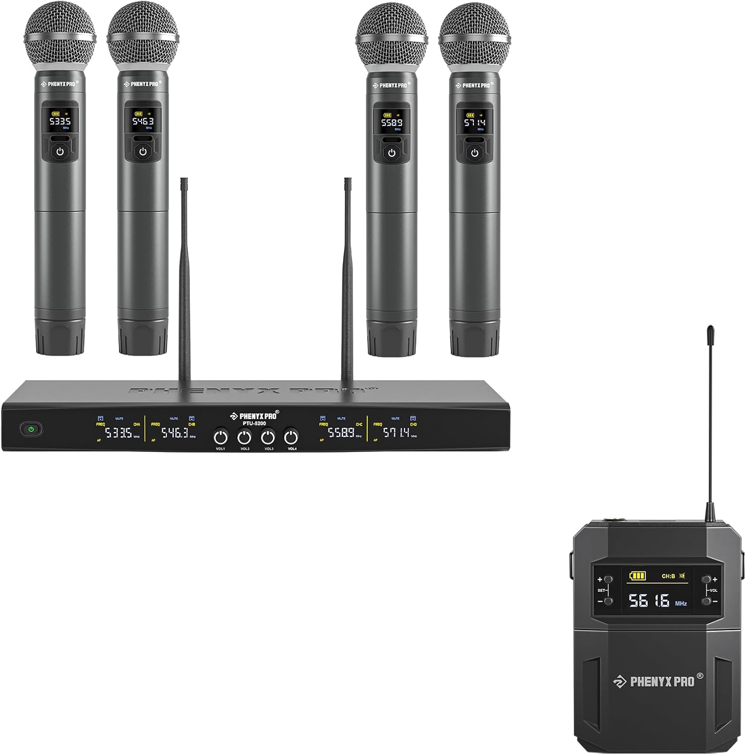 Phenyx Pro 4 Cordless Wireless Microphone System PTU-5200-4H Bundle with UHF BodyPack Transmitter