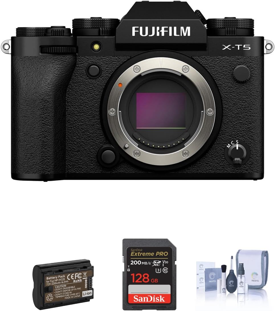 Fujifilm X-T5 Mirrorless Digital Camera Bundle 128GB SD Card, Extra Battery, Cleaning Kit (Without Lens, Black)