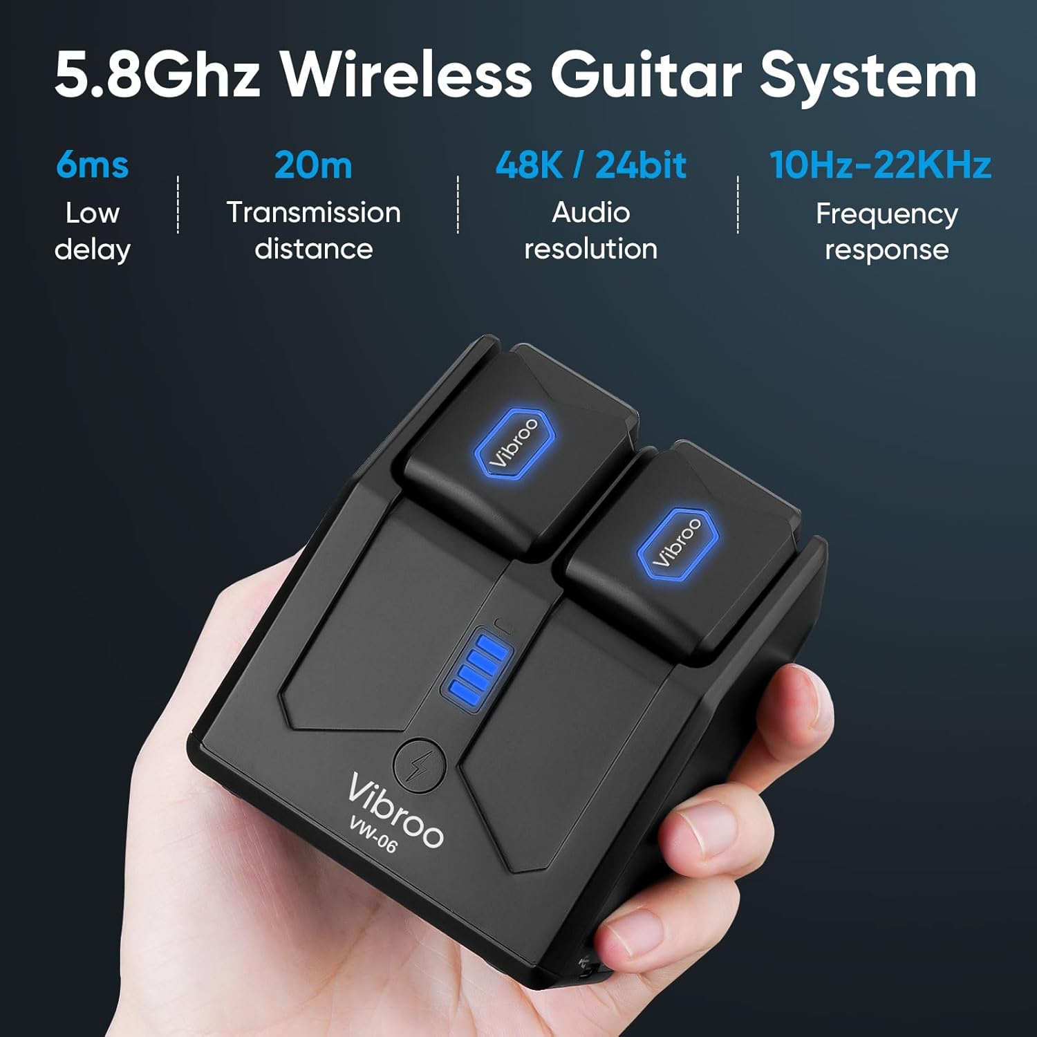 5.8Ghz Wireless Guitar System, Charging Case Included, Wireless Transmitter and Receiver with 4 Channels for Guitars Bass and Other Electric Instruments