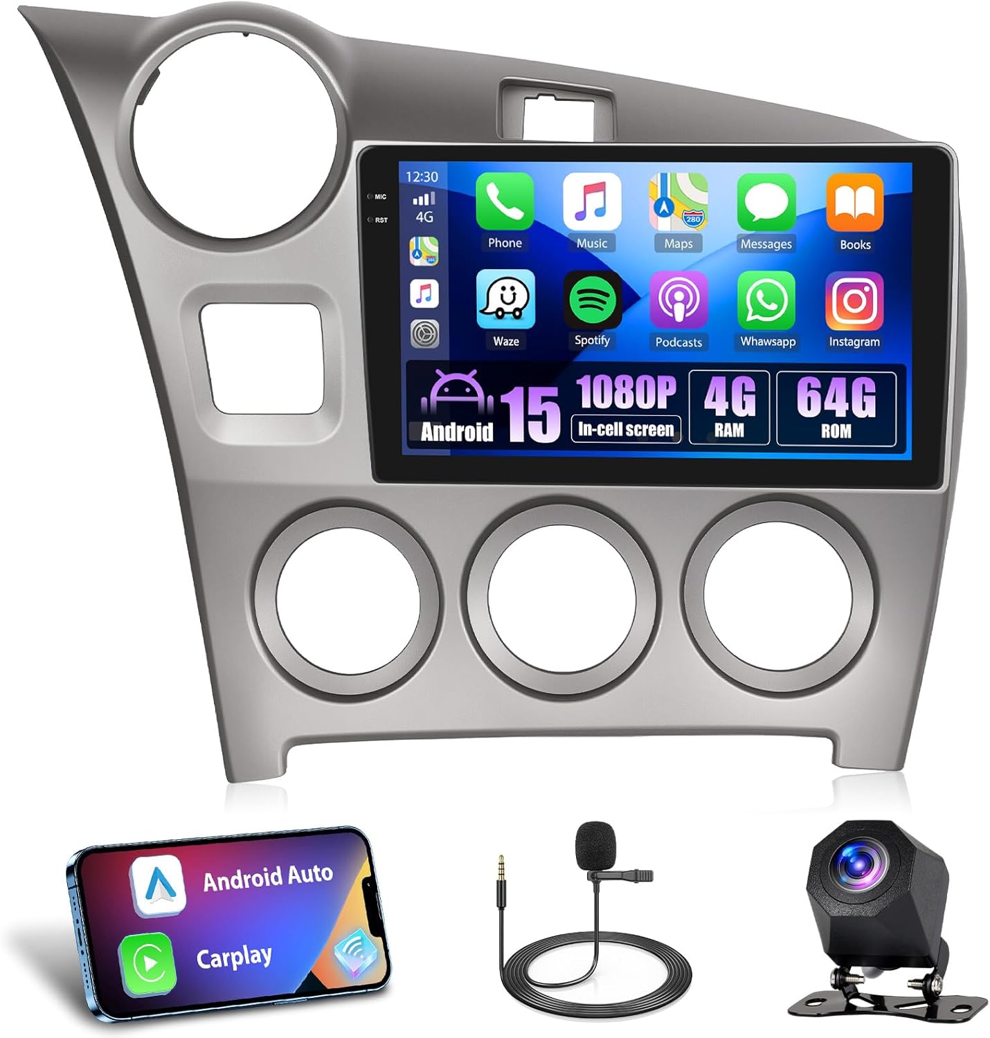 4G+64G Car Radio for Toyota Matrix 2009-2014, 9'' Incell Full Touchscreen Stereo Android 15 Wireless CarPlay Android Auto Bluetooth 32EQ FM RDS GPS WiFi SWC AHD Backup Camera