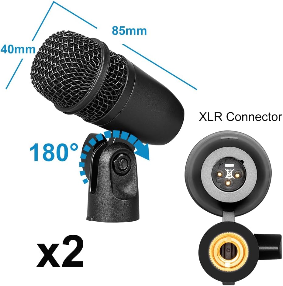 Depusheng 5-Piece Wired Dynamic Drum Mic Kit (Whole Metal) Kick Bass, Tom/Snare & Cymbals Microphone-Use for Drums, Vocal, Other Instrument Complete with Thread Clip 7 On Stage Audio Cables