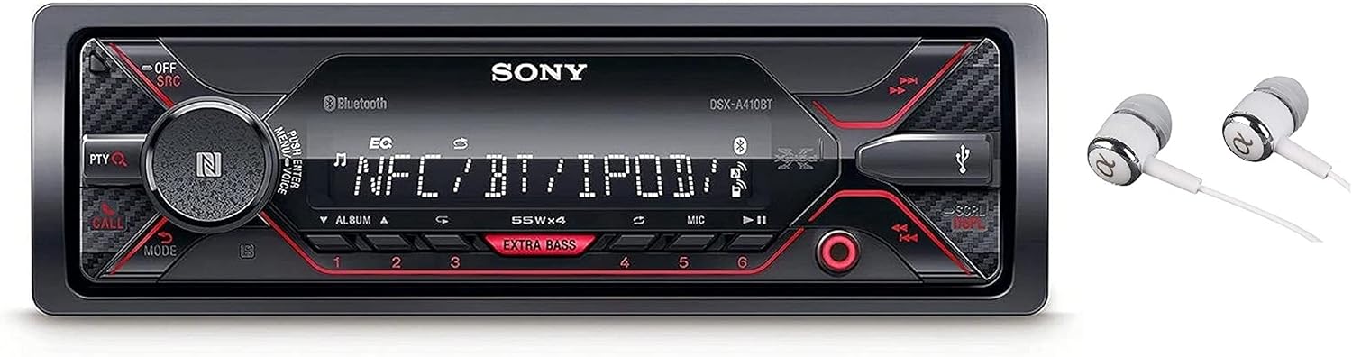 Sony DSX-A410BT Single Din Bluetooth Front USB AUX Car Stereo Digital Media Receiver Bundled with Earbuds (No CD Player)