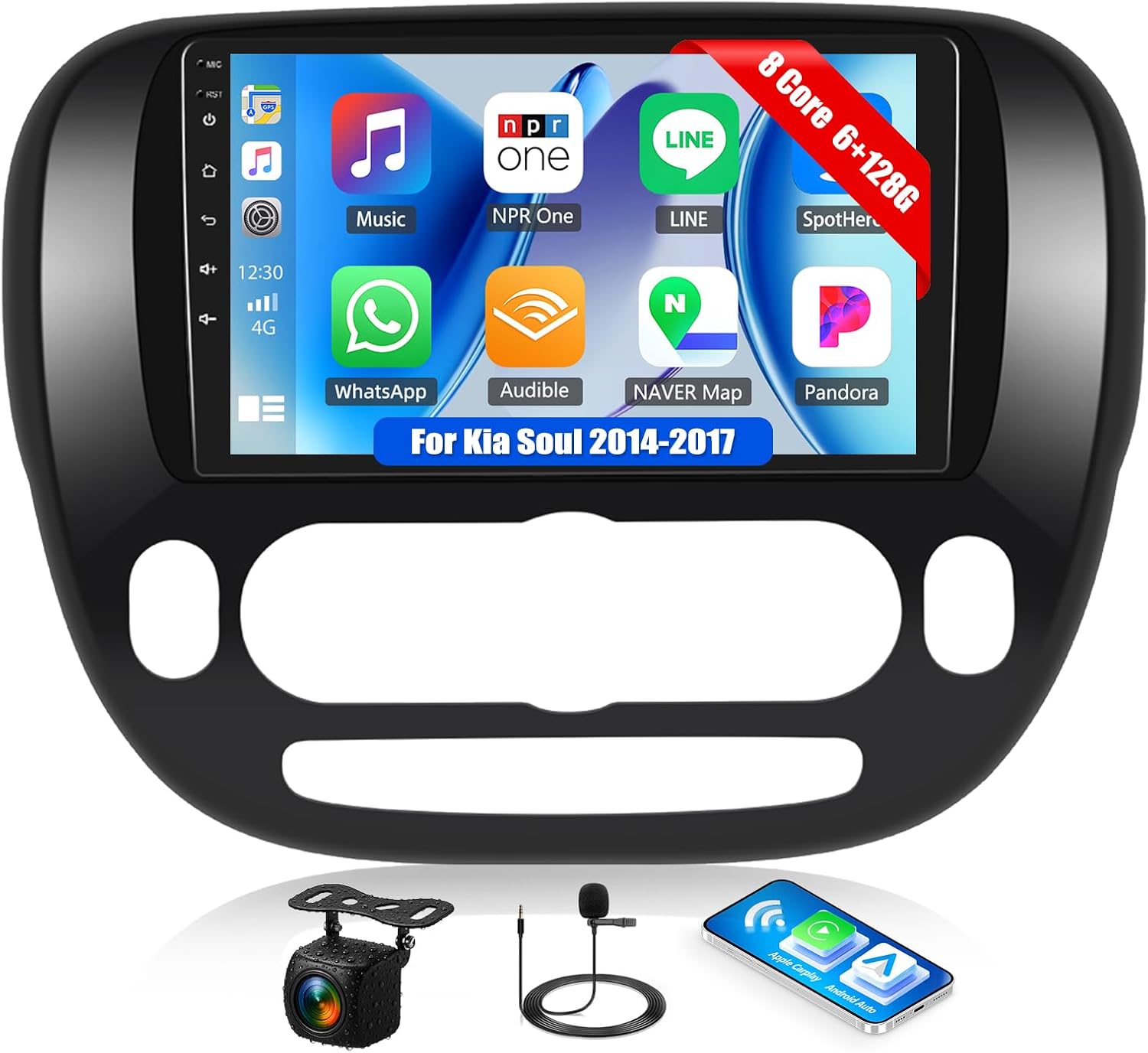 8 Core 6+128G for Kia Soul 2014-2017 Android Car Stereo Radio with Wireless CarPlay Android Auto,9”1280×720P IPS Touchscreen Bluetooth 5.0 GPS WiFi 32EQ DSP 59UI Rear Camera Three Split Screen