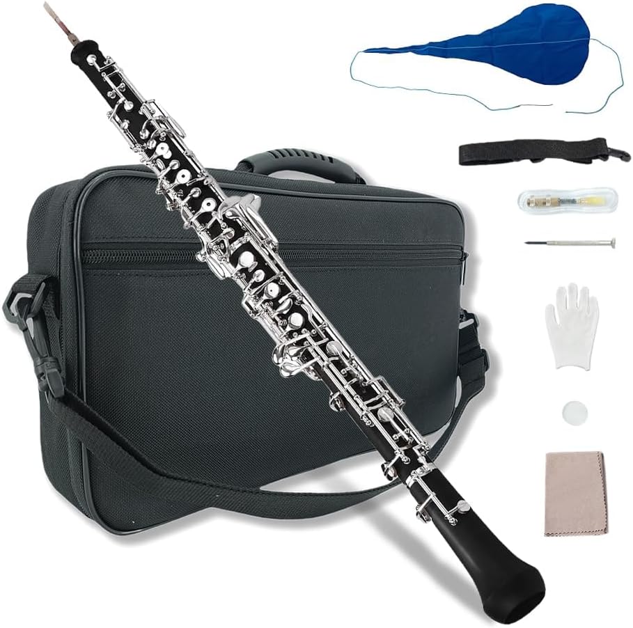 Professional Oboe C Key Forked-F Resonance Semi-Automatic Woodwind Instruments Ebonite Body Silver-Plated Keys with Oboe Reeds & Case Ideal for Beginners, Students & Advanced Players