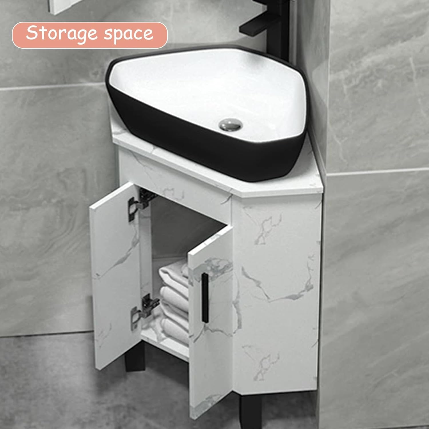 Corner Bathroom Sink, Ceramic Basin Wall Mount Vanity, Floating Wash Basin, Corner Pedestal Sink for Small Space, Bathroom Sink with Storage Container(White)