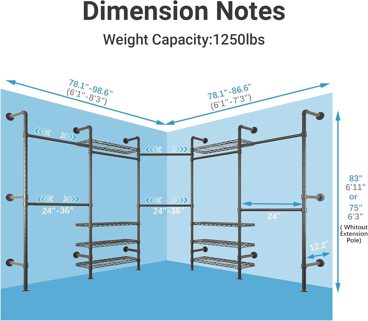 Timate L5 Expandable Closet Rack Wall Mount for Corner, L Shape Heavy Duty Hanging Garment Rack Clothing Rack with 8 Adjustable Shelves & 4 Hanger Rods, Closet System for Hanging Clothes, Black
