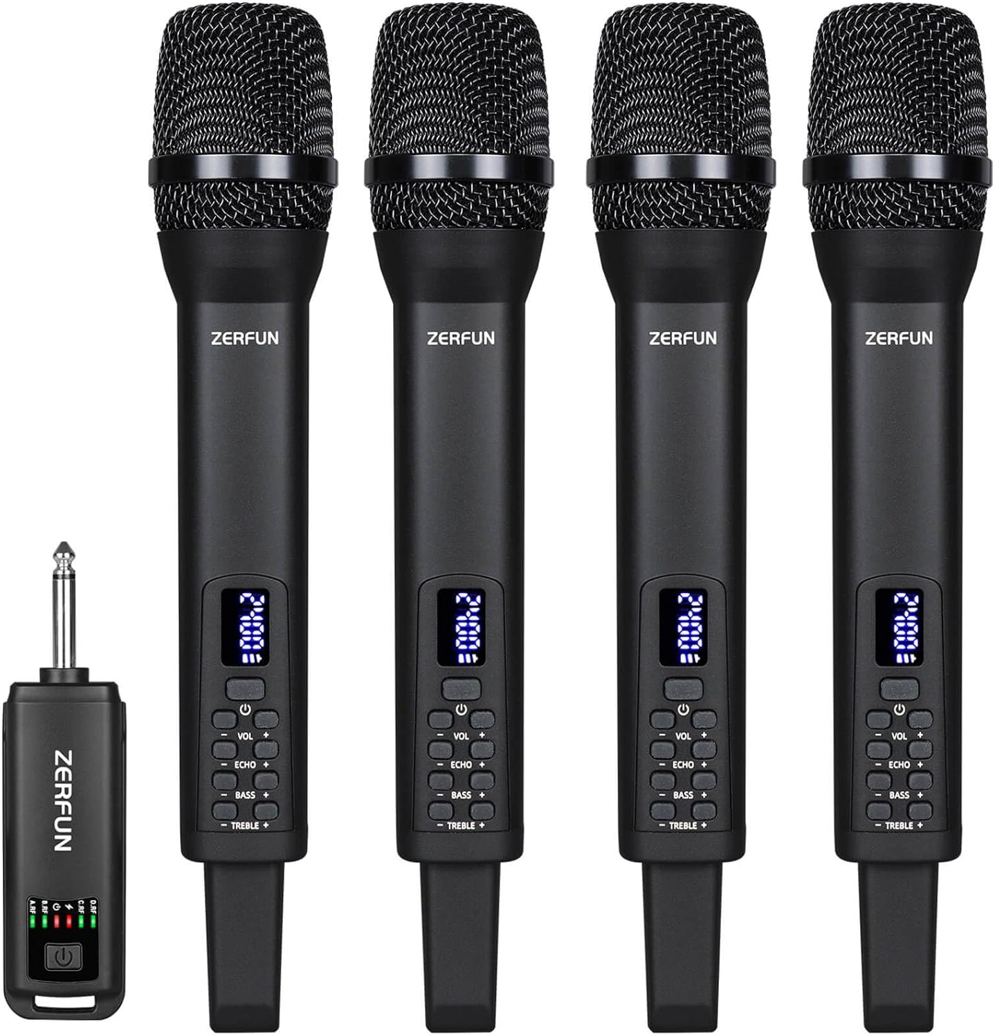 4 Rechargeable Wireless Microphones, Pro Handheld Cordless Mics System with Echo Treble BASS VOL Control for Karaoke Singing Church Party, 1/4'' Output, Black