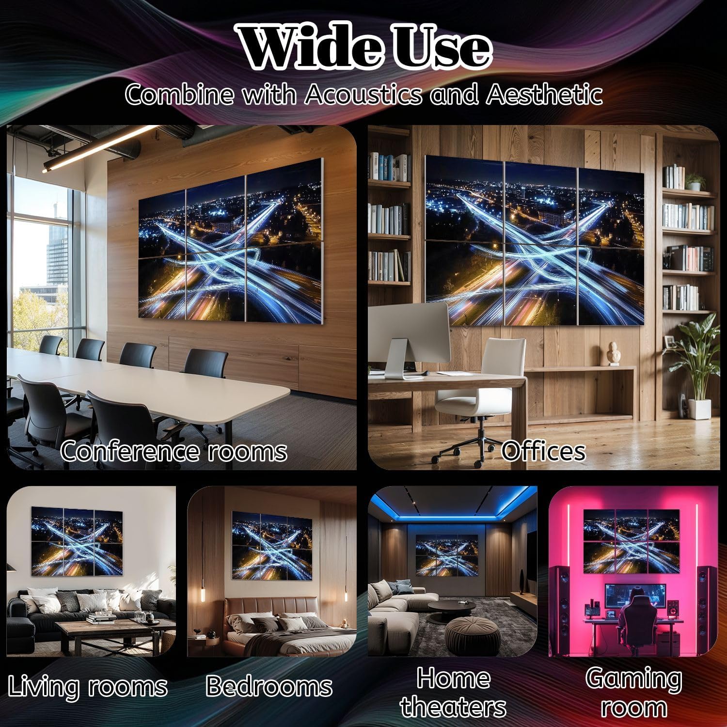 6 Pack Art Acoustic Panels Rush hour fast car moving night city Fast moving traffic drives moving Sound Absorbing Panel 48