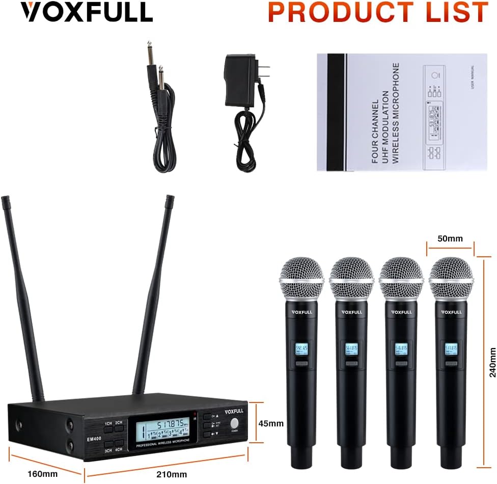 4 Channel UHF Wireless Microphone Cordless Handheld Microphones Professional for Singing Karaoke Church 4x100 Adjustable Frequency(328FT)
