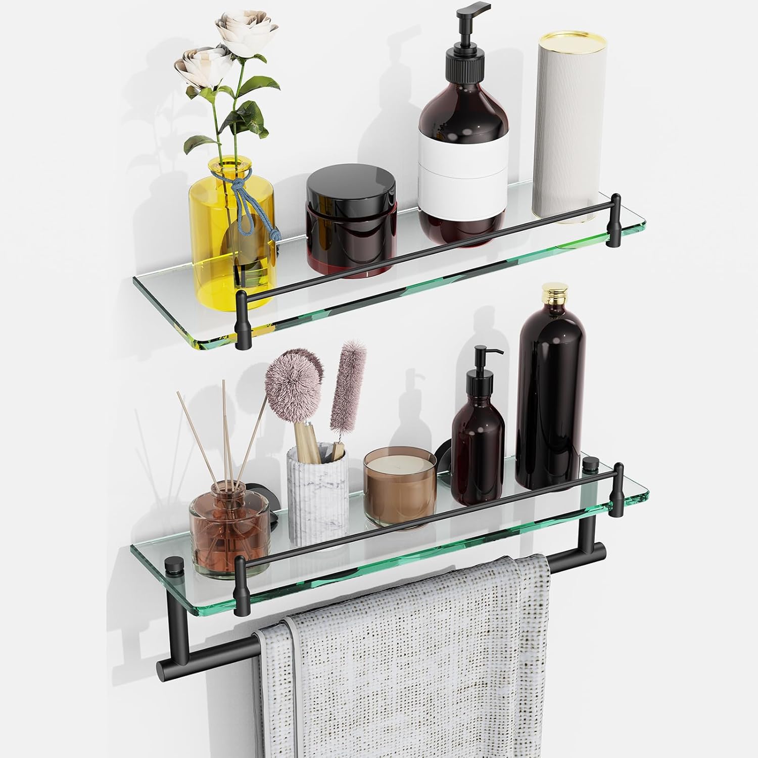 Bathroom Shelf Glass Shelf 2 Pack,16-Inches Floating Glass Shelves Towel Bar/Track(Matte Black)
