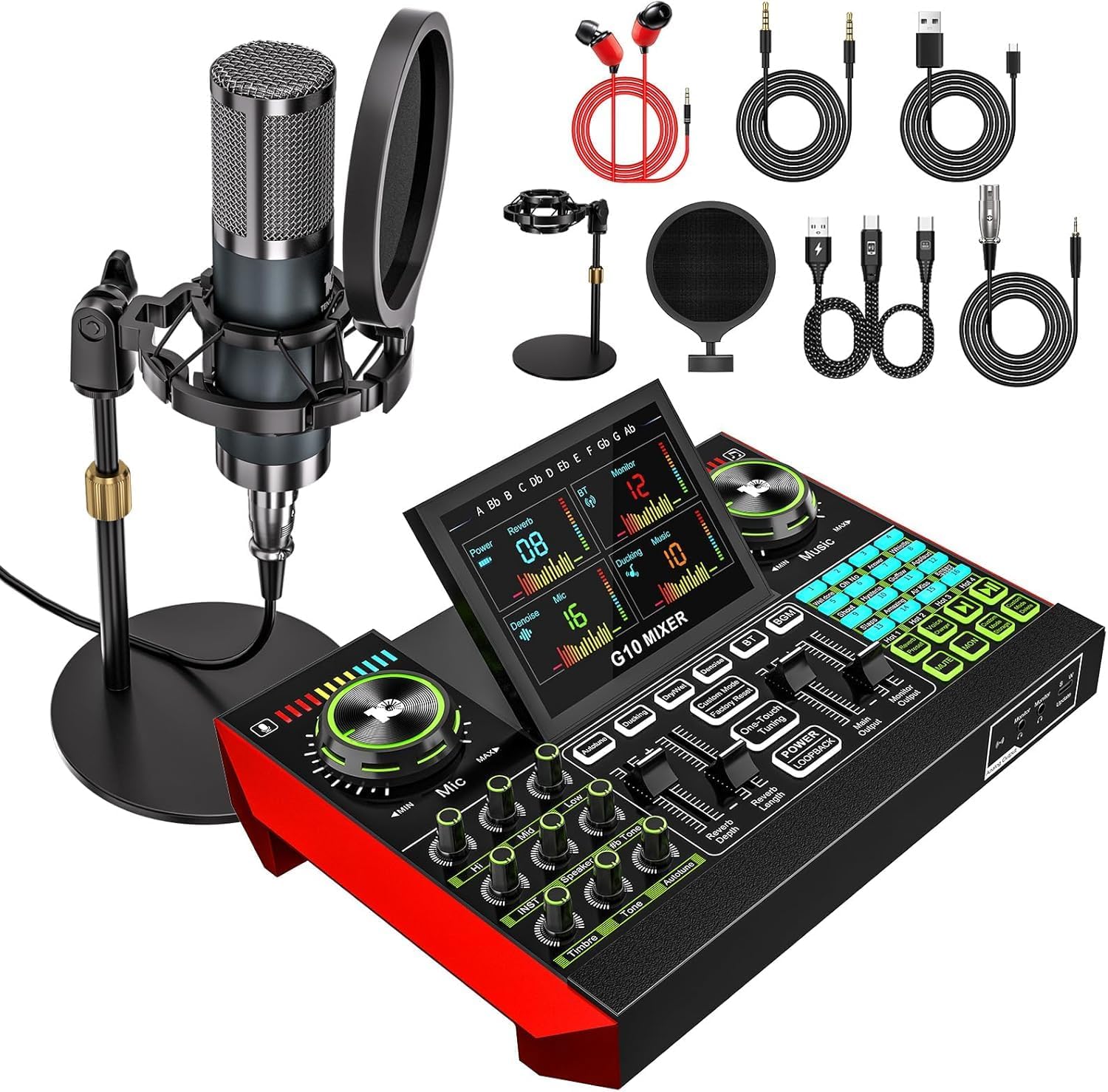 Podcast Microphone Bundle with Live Sound Board Audio Mixer, Podcast Equipment Bundle with 3.5mm Condenser Microphone for Pc/Phone Live Streaming Singing Gaming, Soundboard with Voice Changer, Denoise