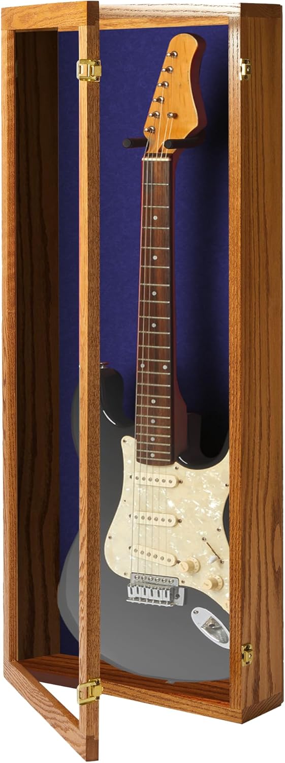 PENNZONI Electric Guitar Display Case - Acrylic Guitar Display Case Wall Mount Made from Hardwood & Clear Acrylic - Natural Oak w/Blue Felt