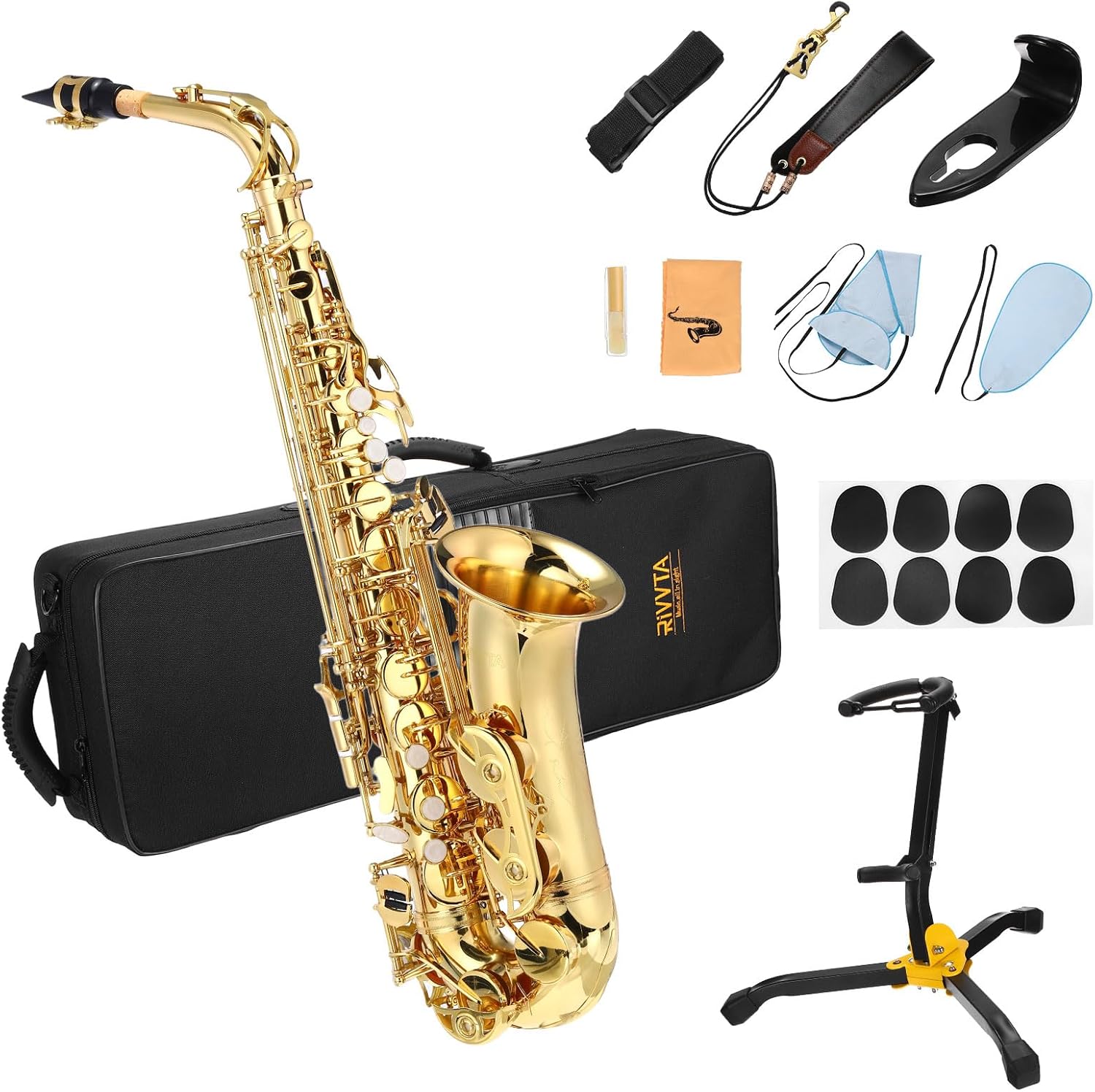 RIVVTA Eb Alto Saxophone, Professional Saxophones for Beginners, with Carrying Case, Foldable Stand, 5 Reed, Straps, Cleaning Care Kit, Brass Gold