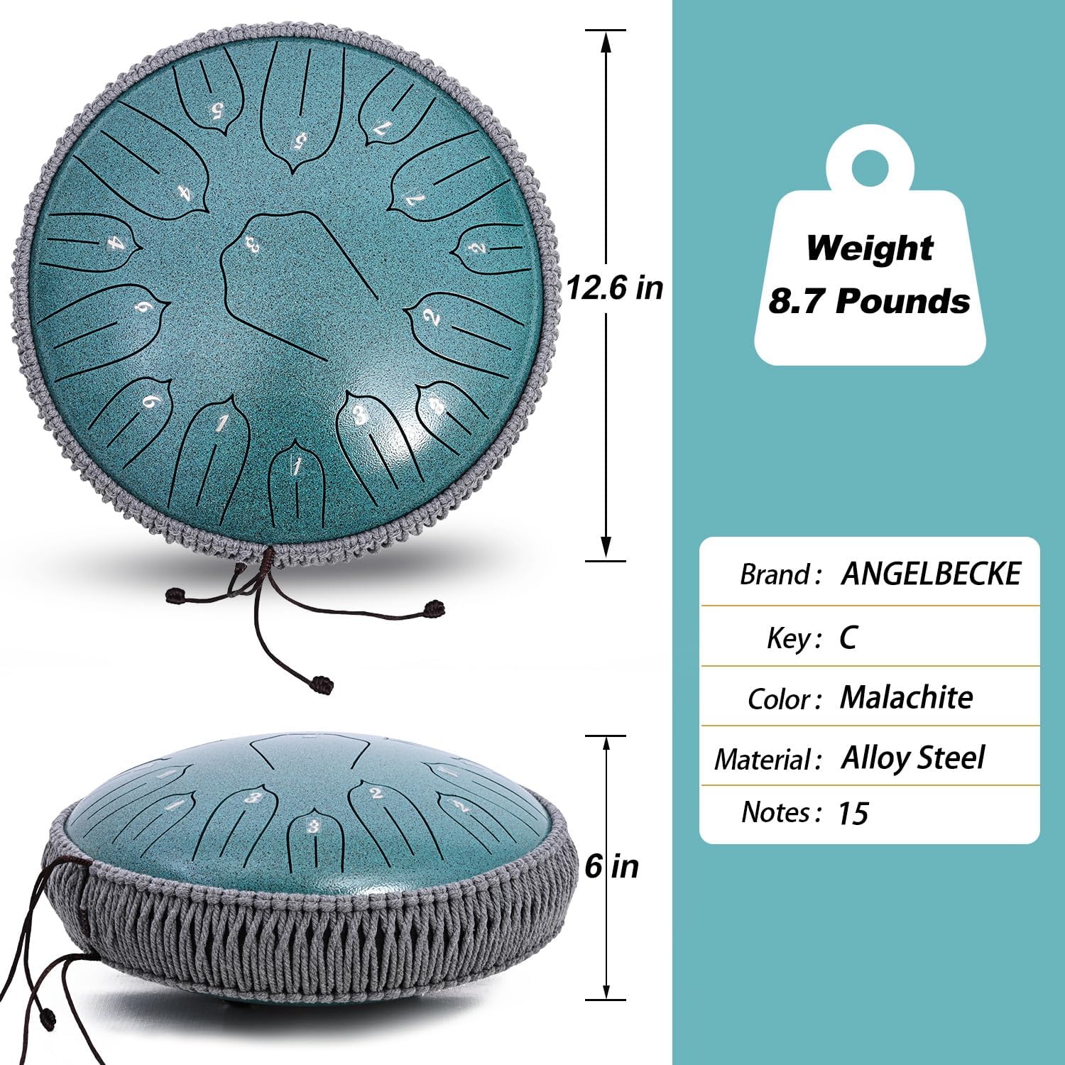 Steel Tongue Drum - 13 Inch 15 Notes C-key Handpan Drum Percussion Instruments with Music Book for Musical Education Entertainment Meditation Concert Mind Healing Yoga Zen (Malachite)