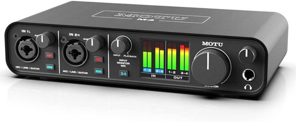 MOTU M4 4x4 USB-C Audio Interface Bundle w/Samson SRH350 Over-Ear Stereo Headphones, 2-Pack Pig Hog PHM10 8mm XLR Mic Cable and Liquid Audio Polishing Cloth