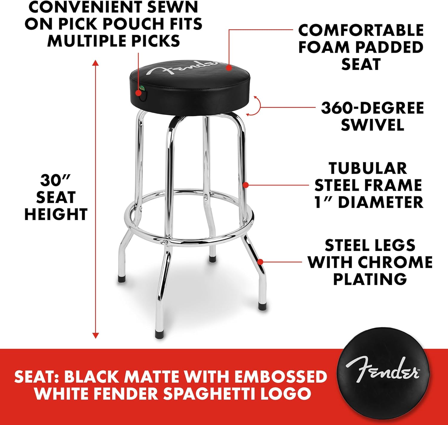Fender Spaghetti Logo Swivel Barstool with Guitar Picks Pouch, Great Gifts for Dad, with 1 Year Limited Warranty, Simple Assembly, Black/Black, 30