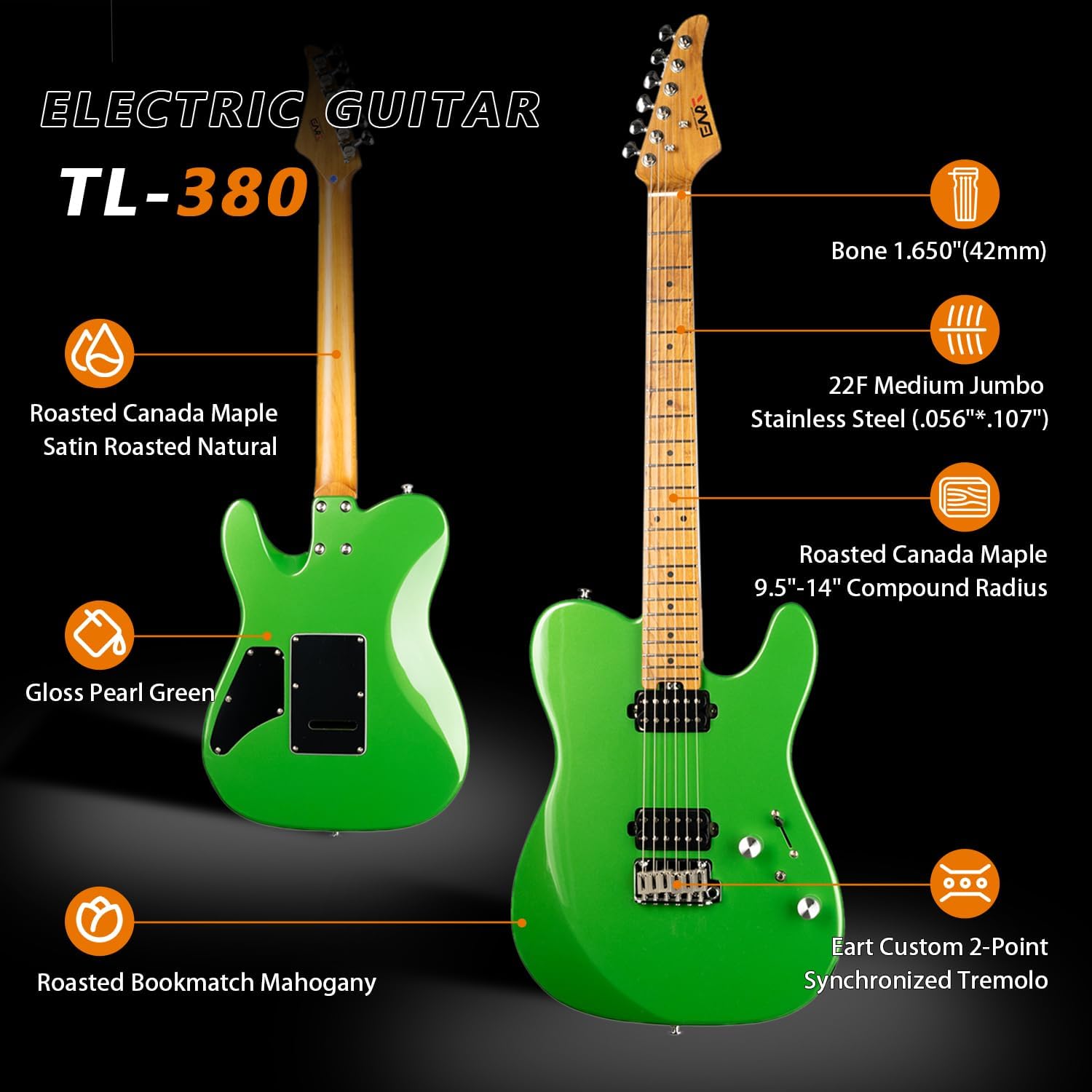 EART TL-380 Professional Electric Guitar for Versatile Players | Roasted Maple Neck & Fingerboard, Humbuckers with Coil-Split, Stainless Steel Frets, Gloss Finish