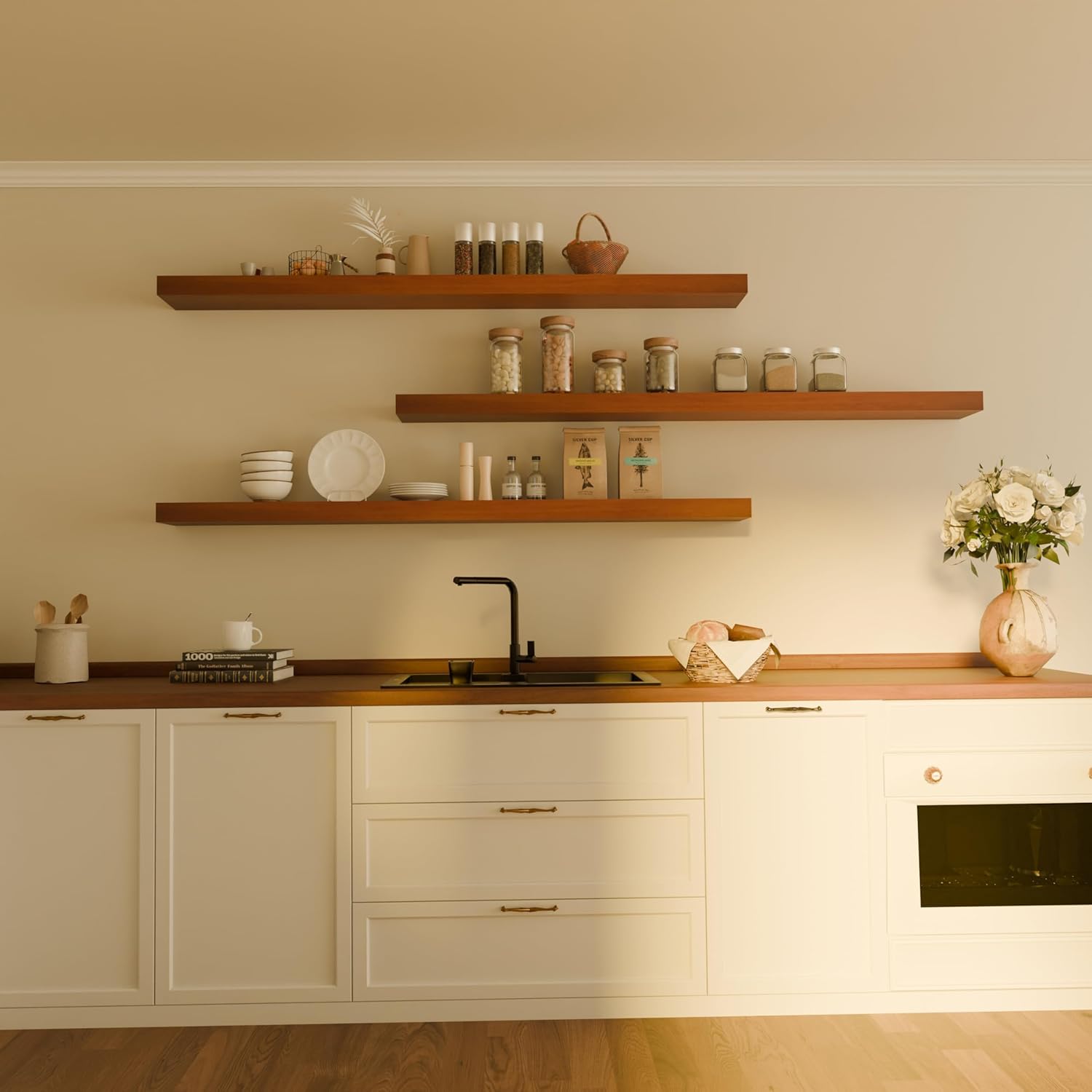 Floating Shelves for Wall, 72 Inch Extra Long Brown Wall Shelves, Set of 3, Hanging Invisible Brackets Floating Shelves for Living Room,Bedroom,and Kitchen