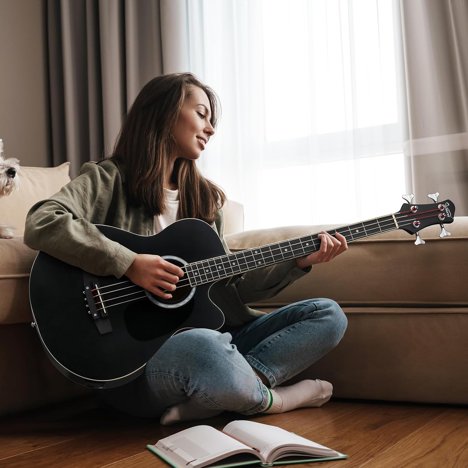 GLARRY Full Size Acoustic Electric Bass Guitar Beginner Kit, Cutaway 4 Strings Electric Acoustic Bass Guitar w/Inbuilt Tuner, Bag, Strap, Picks, Strings, Basswood Bass Guitarra, Matte Black