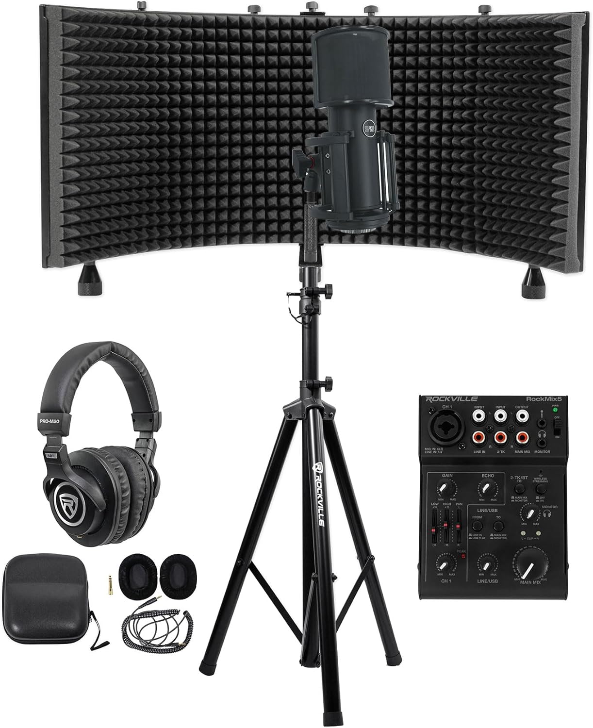 Rockville RockMix 5 Channel Pro Mixer Bundle PRO-M50 Headphones ROCKSHIELD Mic Isolation Shield RVES05 Stand + 512 Audio Warm Audio Skylight Microphone (5 Items)
