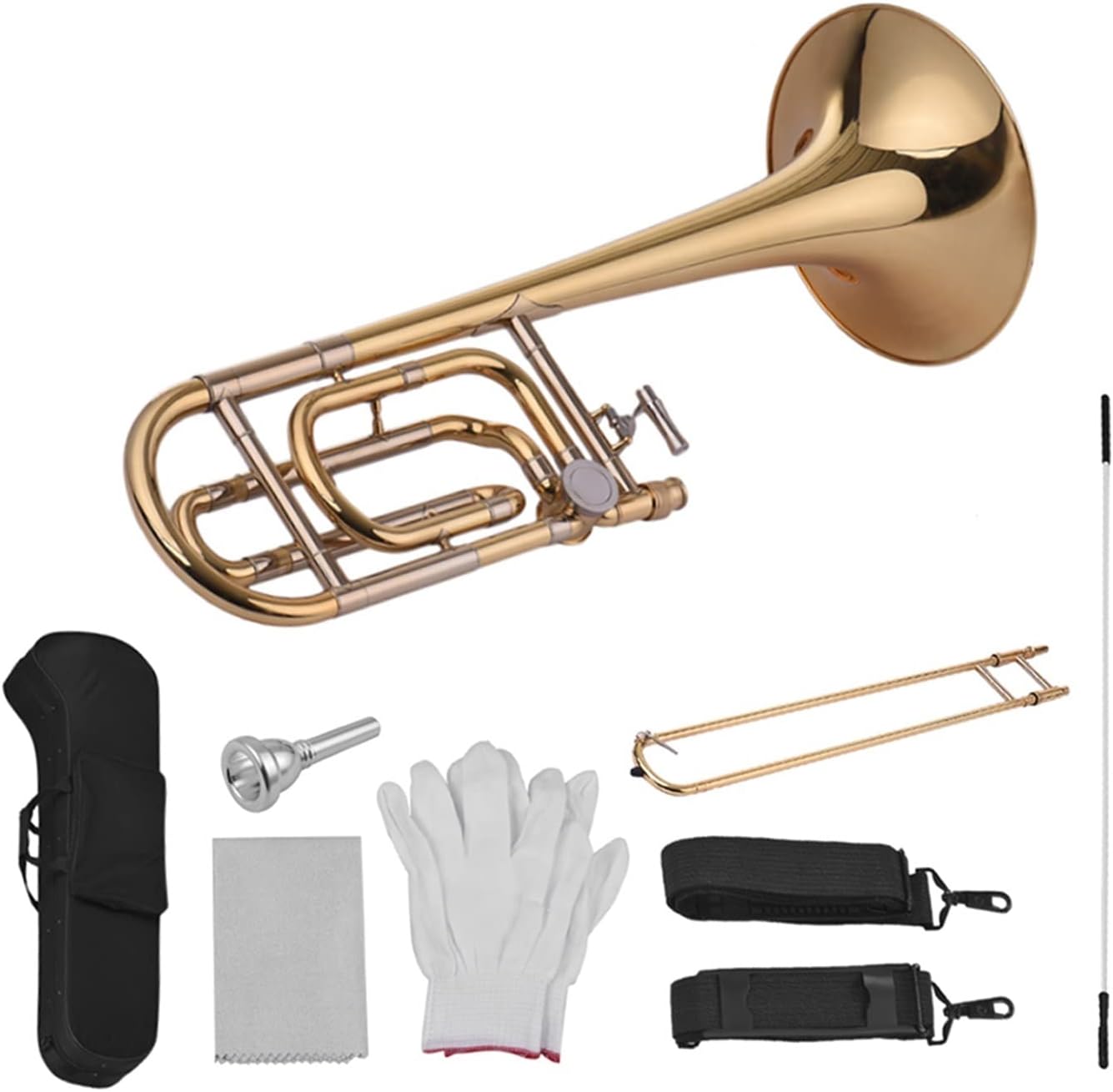 TSTS Bb Flat Tenor Slide Trombone with F Attachment Including Mouthpiece Carry Case Gloves Cleaning Cloth Beginner Trombone