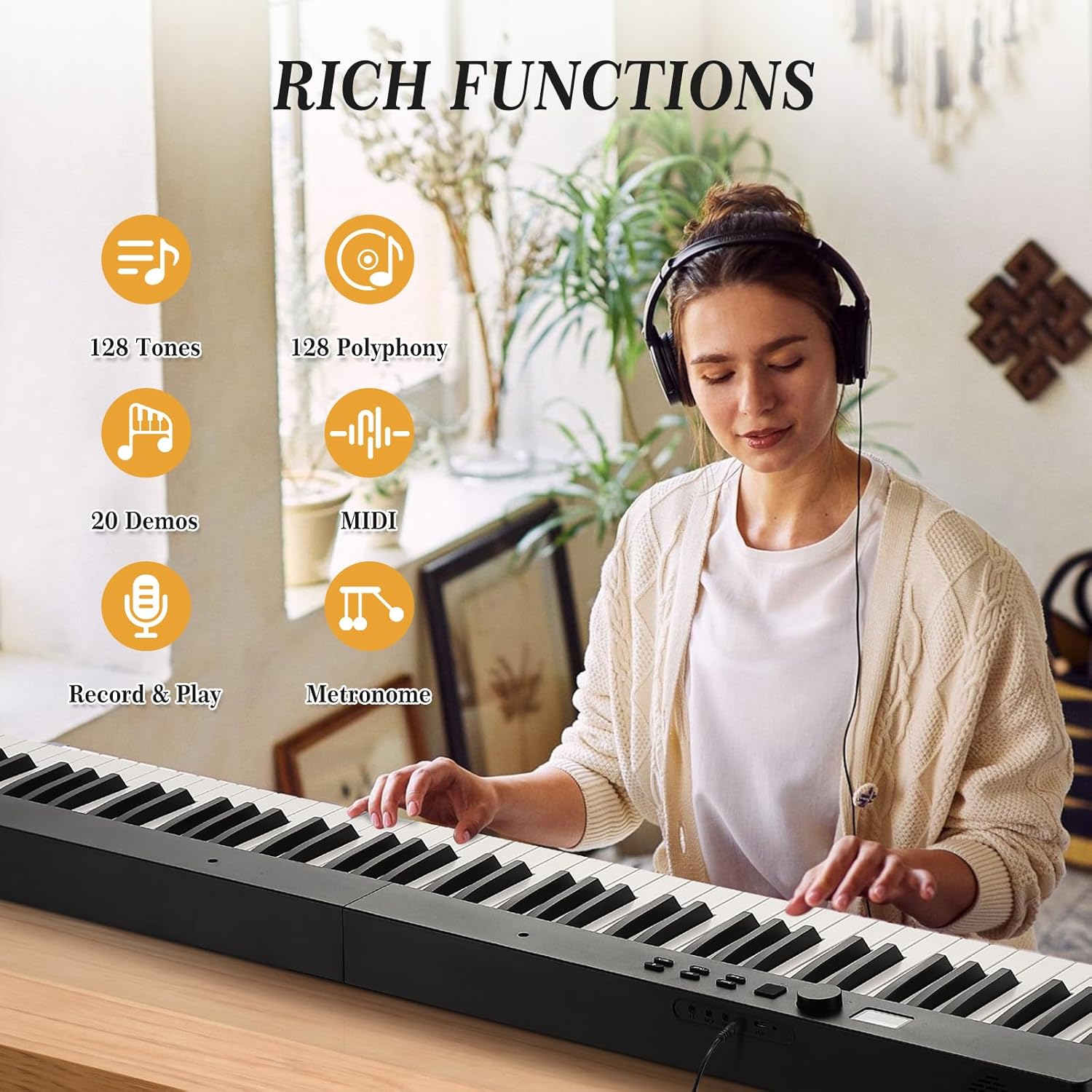 88-Key Portable Foldable Electronic Piano - Touch Sensitive Keyboard, 128 Tones, MIDI Support, Comprehensive Starter Package with Headphones & Carrying Bag
