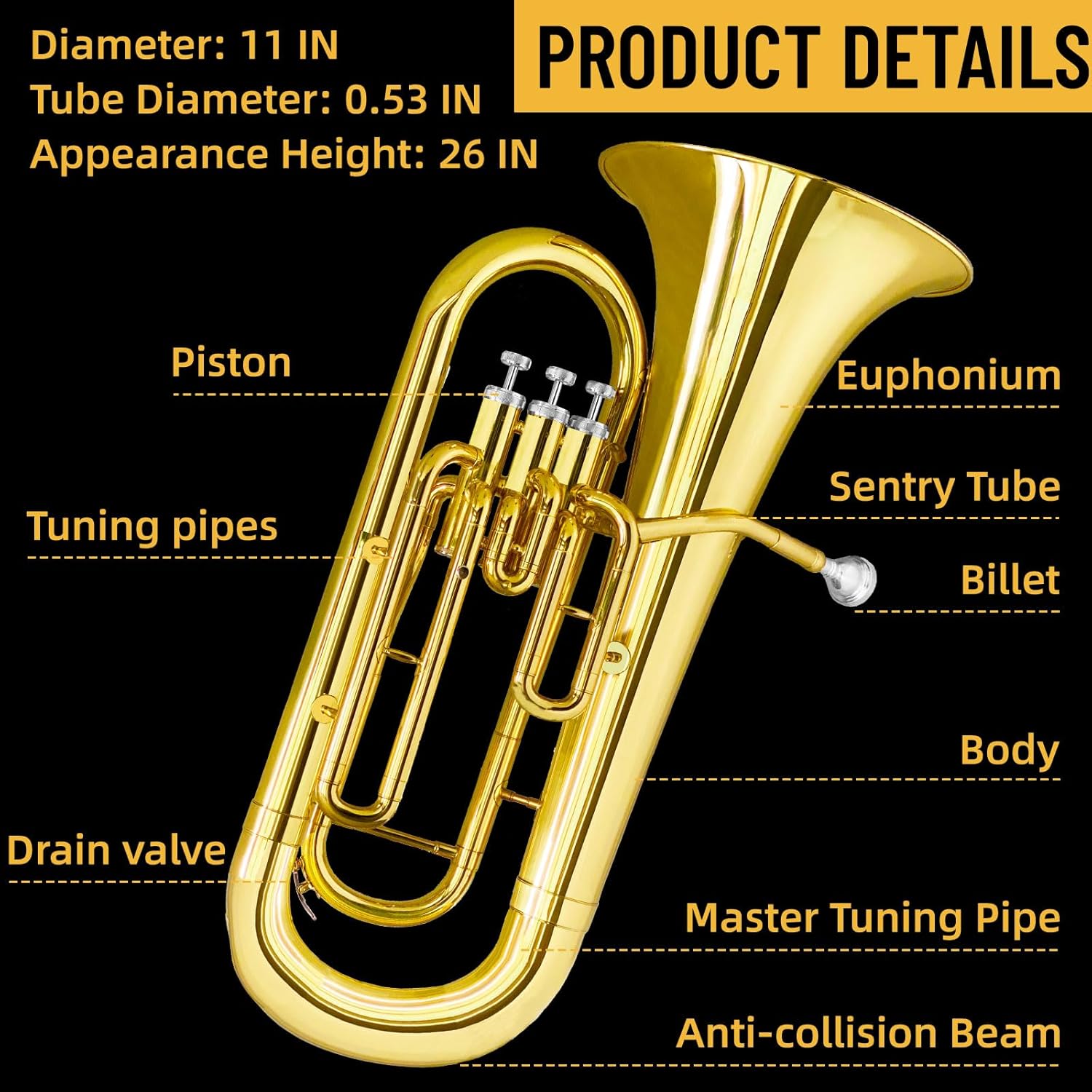 Bb Euphonium Brass Instrument for Beginners & Professionals | Includes Hard Case, Mouthpiece, Cleaning Cloth, and Gloves | Ideal for Brass Band Performance
