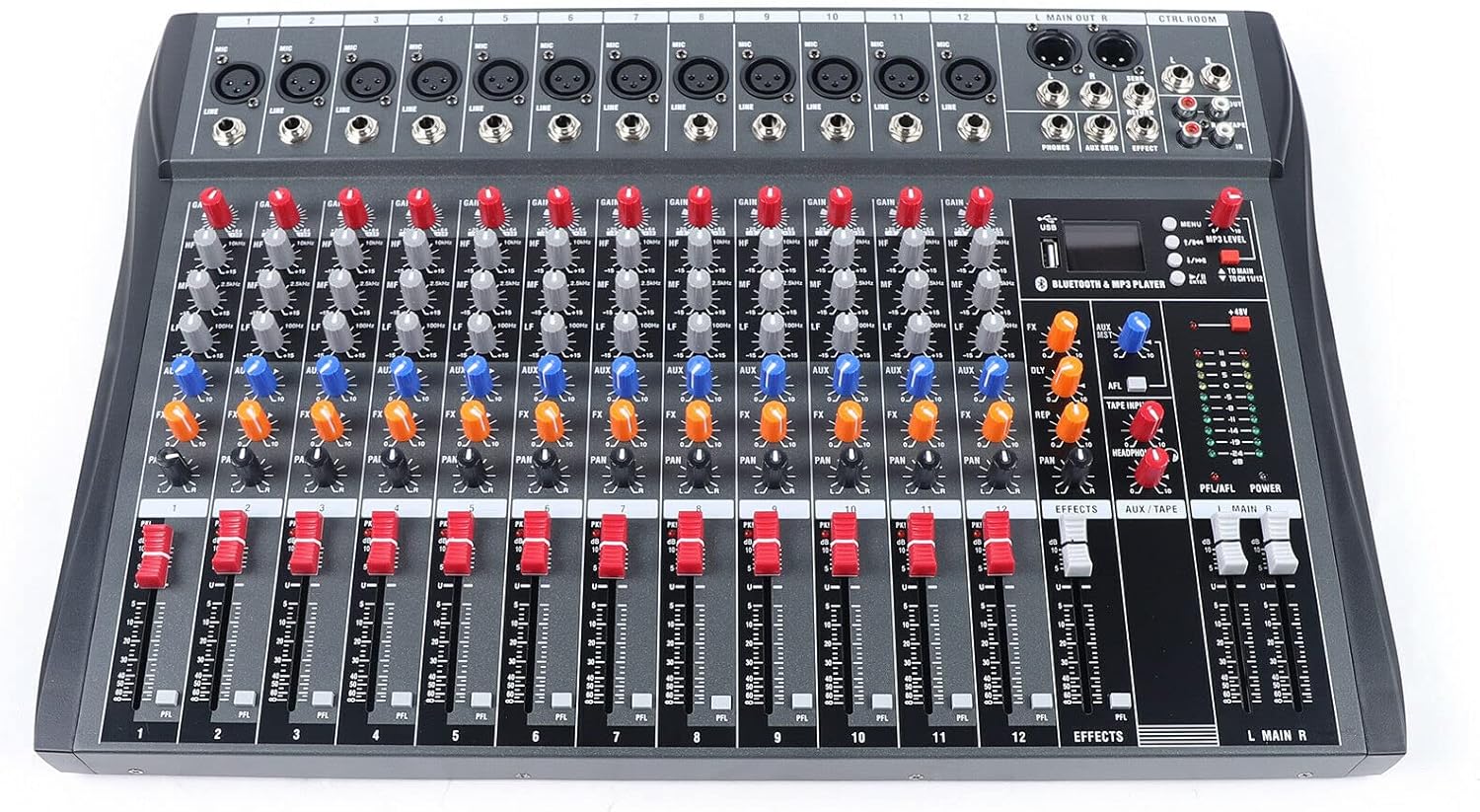 Professional Audio Mixer Sound Board Console,12 Channel Studio Audio Mixer,Bluetooth USB Live Studio Audio Mixing Power Mixing Amplifier Studio Audio DJ KTV Mixing Console USB Slot