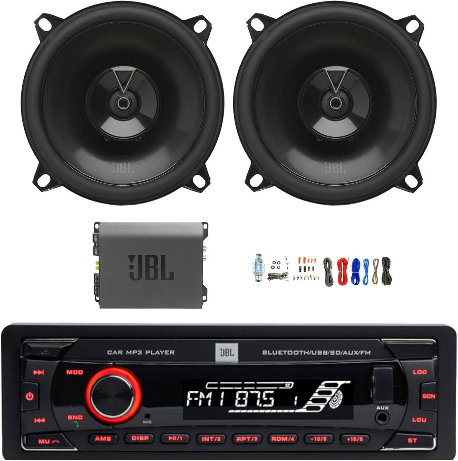 Single DIN Bluetooth FM Radio USB/AUX MP3 Stereo Receiver, 2X 5.25 135 Watt Peak Power 2-Way Car Audio Speakers, Amplifier w/Install Kit