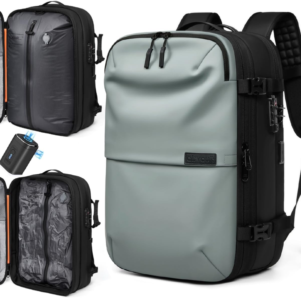 AirVault Vacuum Seal Travel Backpack 60L with Expandable HyperSeal Air Compression Vacuum System Water Resistant TSA Lock (Vacuum Pump Included, Mint Green, 60L)