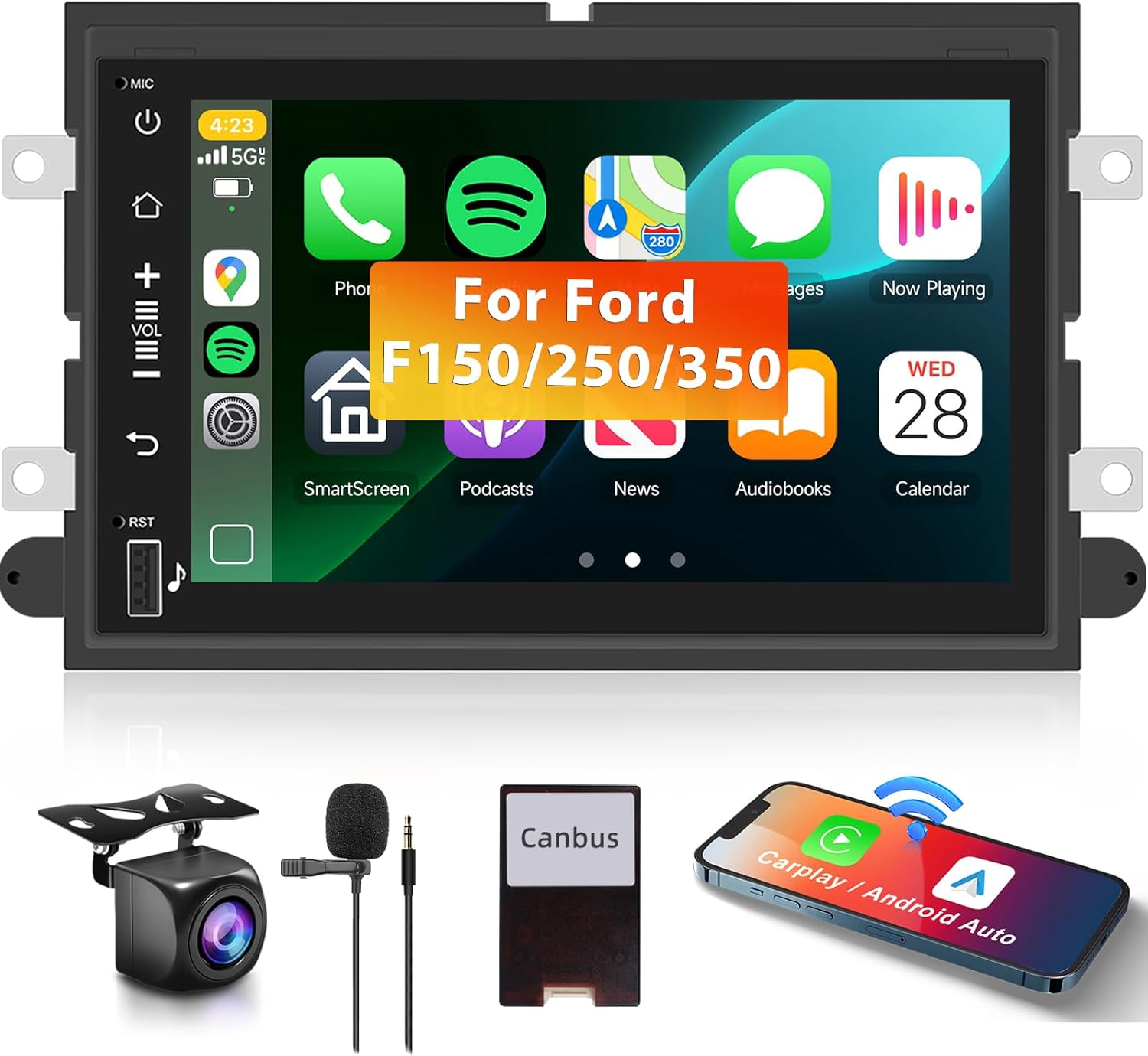 2G+64G Car Radio Stereo for Ford F150/F250/F350/E250/E350 Edge Fusion Explorer with Wireless Carplay Android Auto, 7 inch HD Touch Screen Bluetooth/GPS/WiFi/FM/SWC/USB/HD Backup Camera