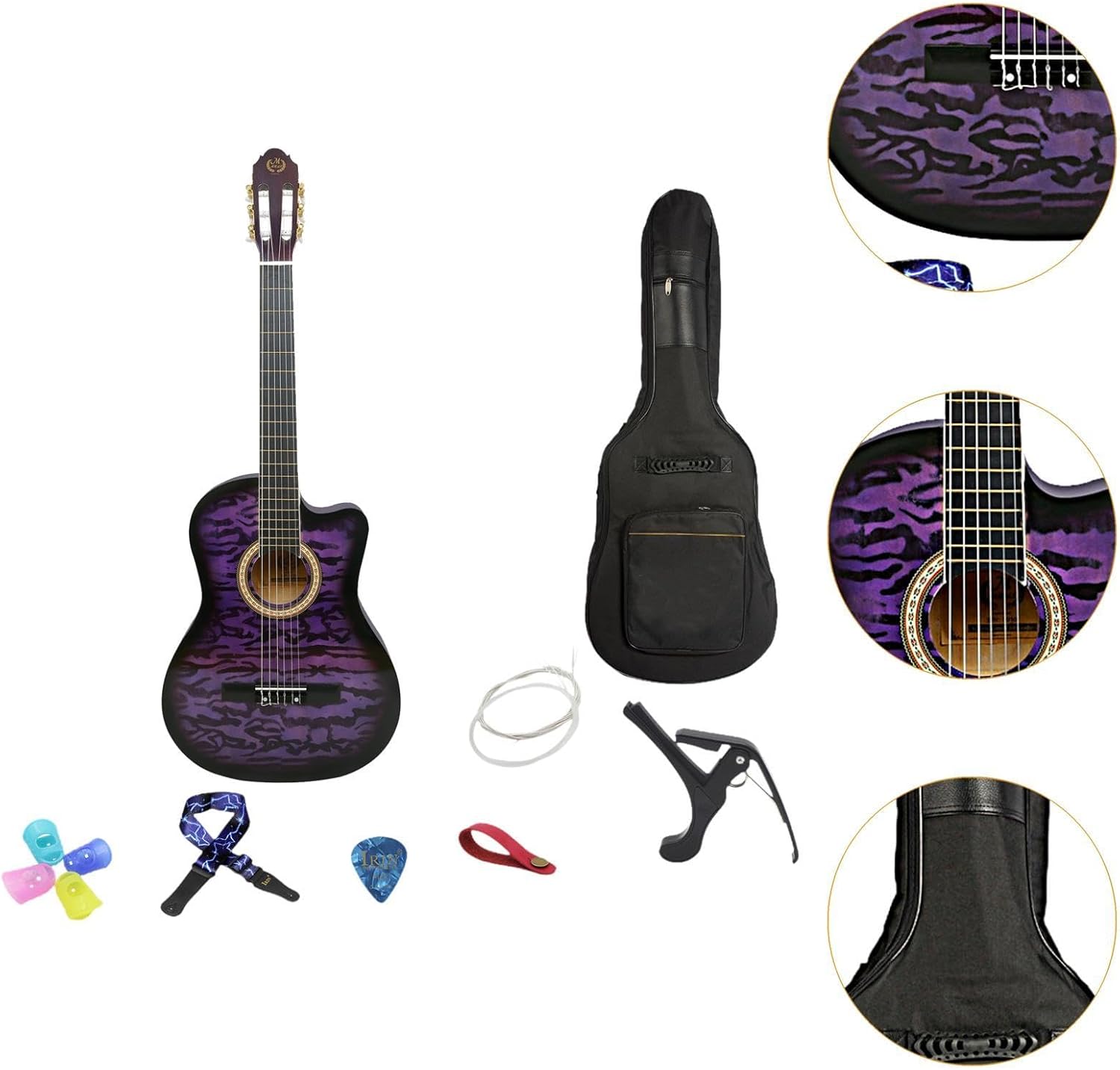 Acoustic Guitar for Beginners with Gig Bag and Accessories, Spruce Top Nylon String Classical Guitar for Travel and Performance, 40.16 Inch- Purple