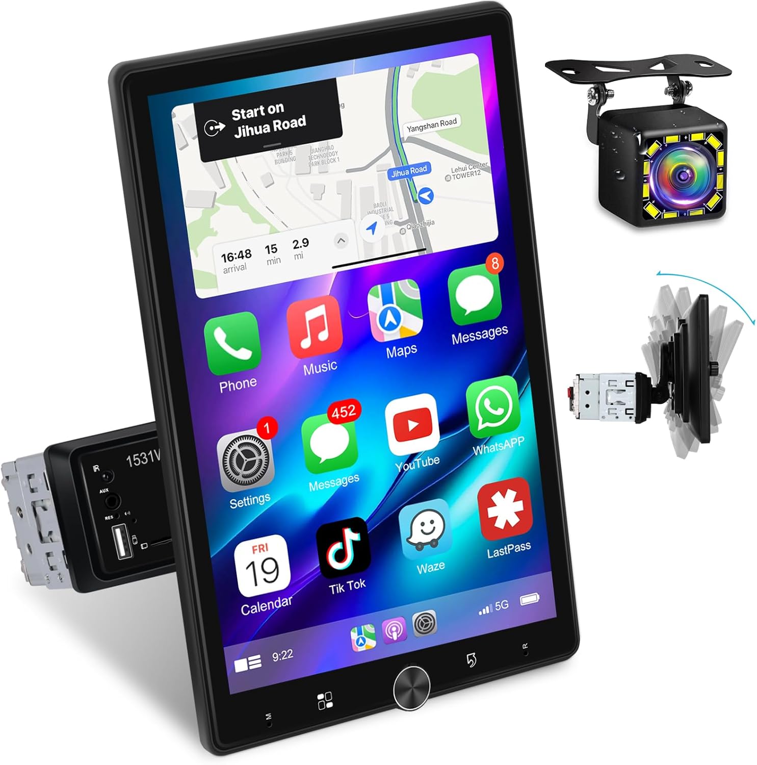 EKAT Single Din Carplay Radio with Wireless Android Auto - 10.4 Inch Rotating Touch Screen Radio with EQ, FM RDS, Mirror Link, Video Output, Steering Wheel Control + Backup Camera